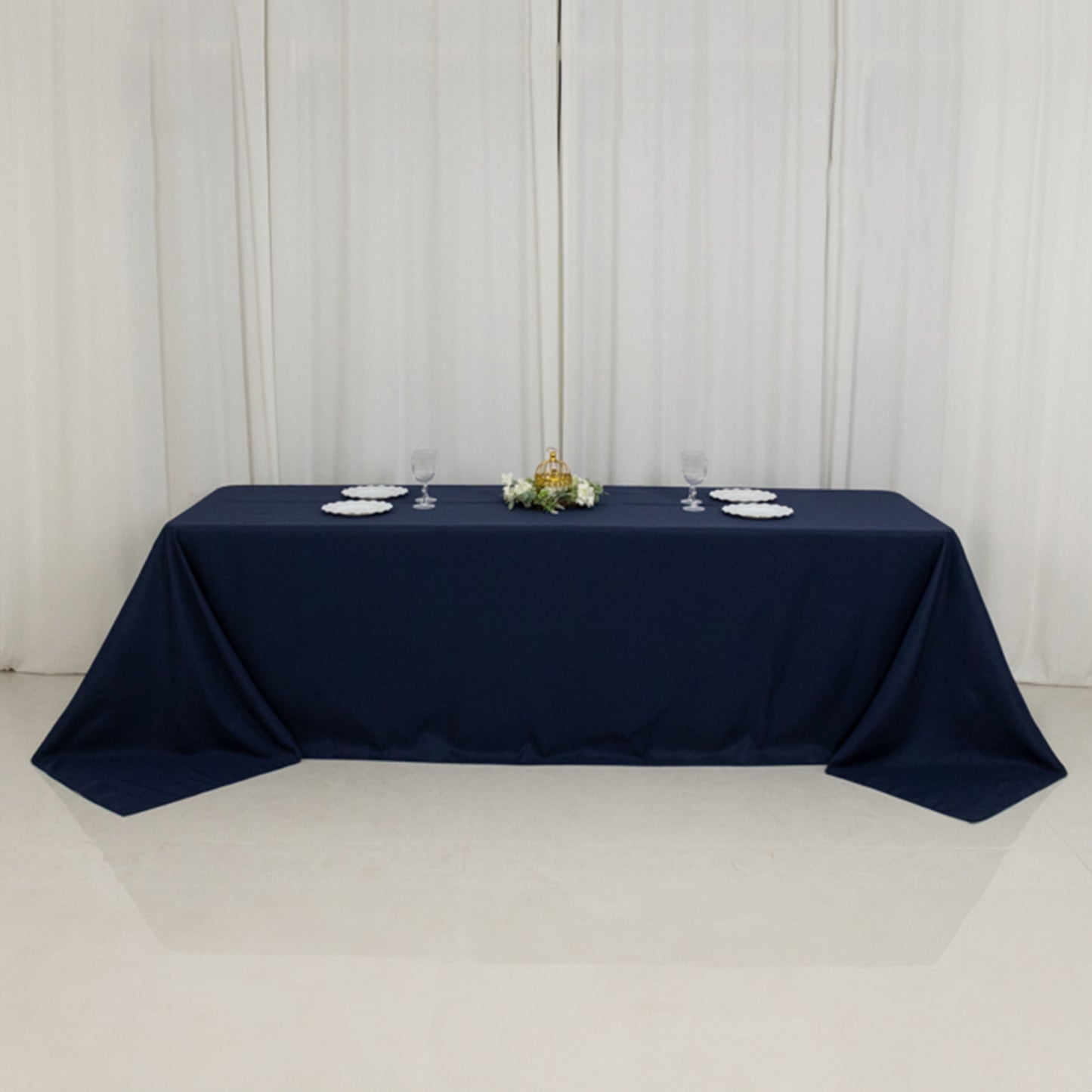 90"x156" Fire Retardant Navy Blue Tablecloth Seamless Premium Polyester Rectangular Table Cover for 8 Foot Table With Floor-Length Drop