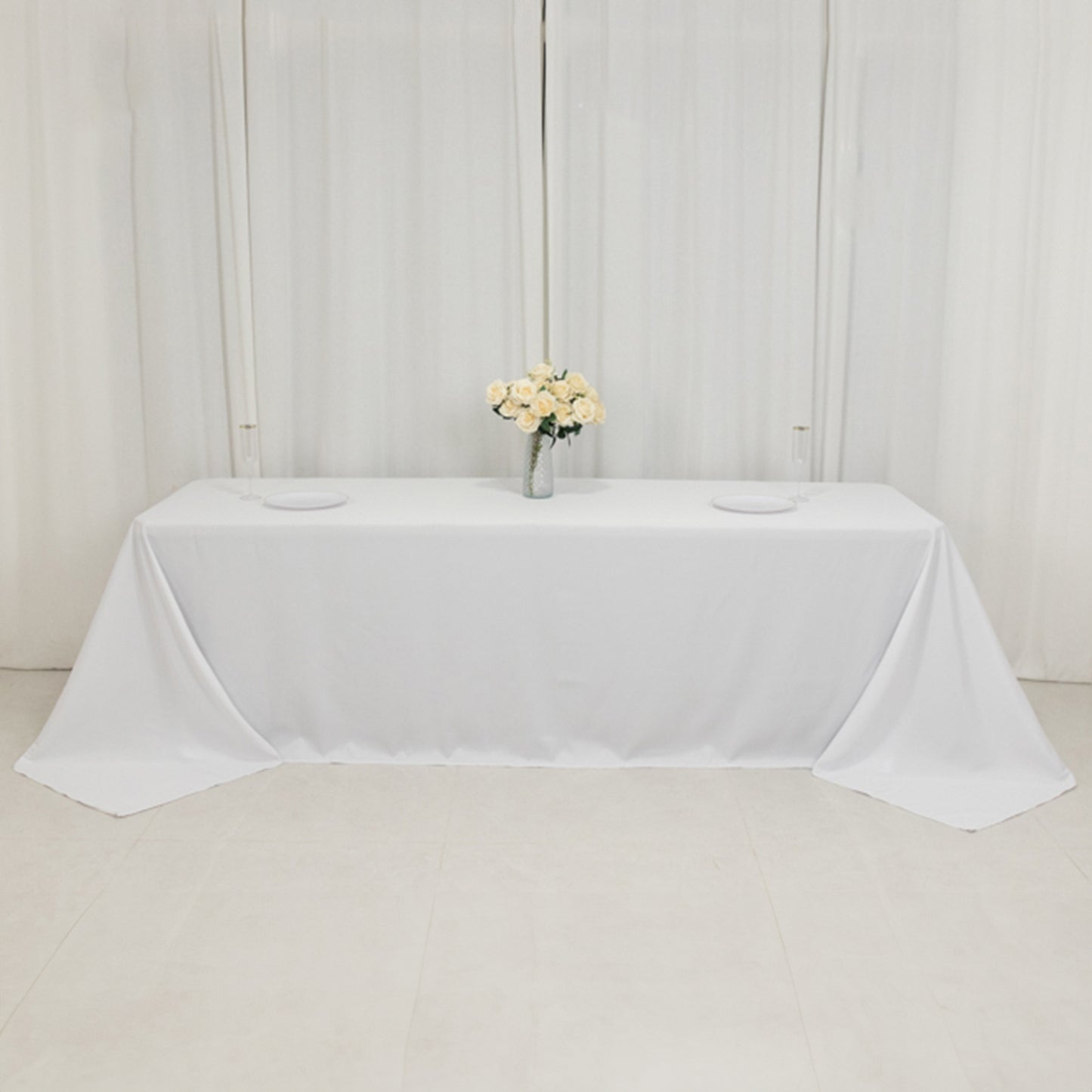 90"x156" Fire Retardant White Tablecloth Seamless Premium Polyester Rectangular Table Cover for 8 Foot Table With Floor-Length Drop