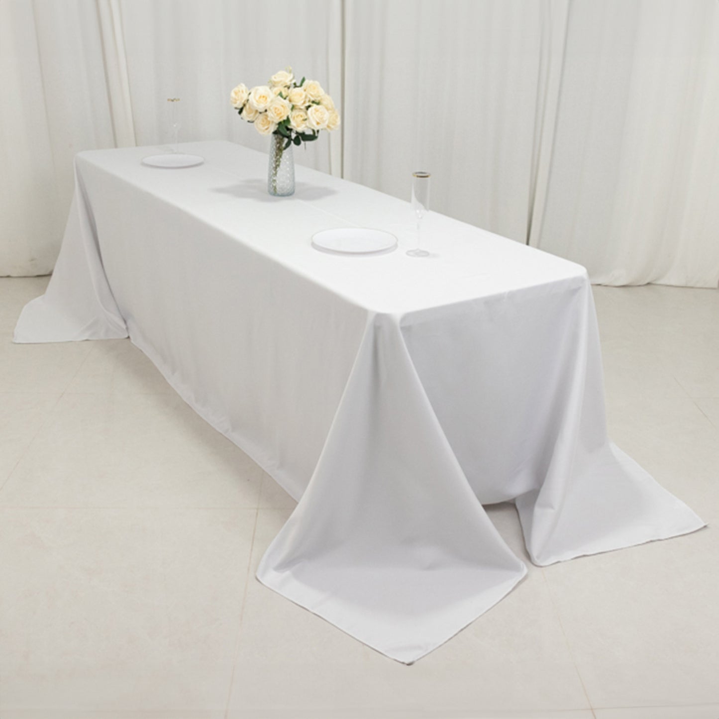 90"x156" Fire Retardant White Tablecloth Seamless Premium Polyester Rectangular Table Cover for 8 Foot Table With Floor-Length Drop
