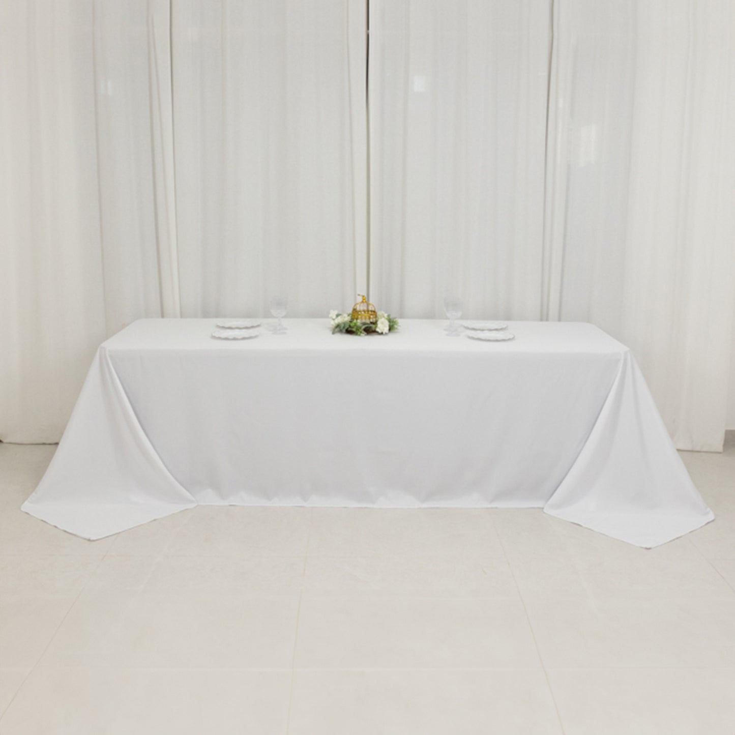 90"x156" Fire Retardant White Tablecloth Seamless Premium Polyester Rectangular Table Cover for 8 Foot Table With Floor-Length Drop