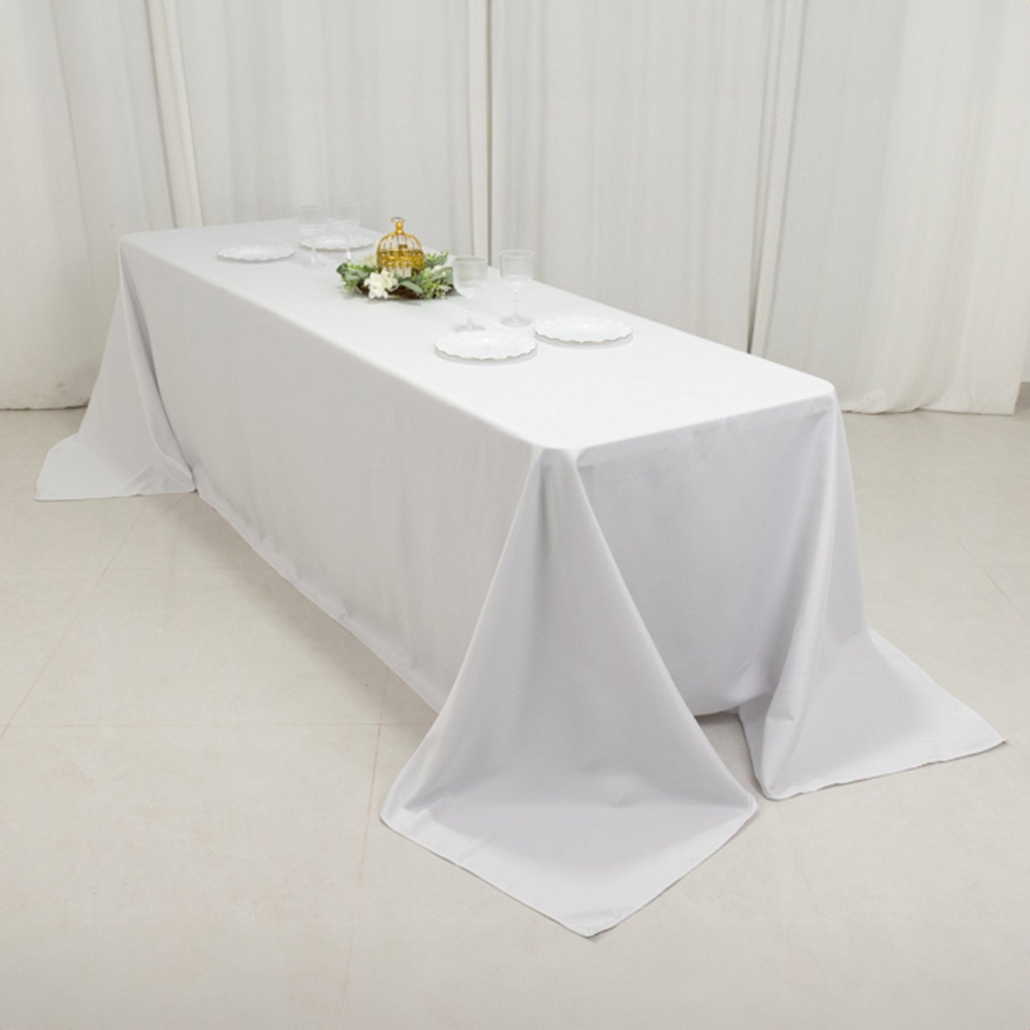 90"x156" Fire Retardant White Tablecloth Seamless Premium Polyester Rectangular Table Cover for 8 Foot Table With Floor-Length Drop