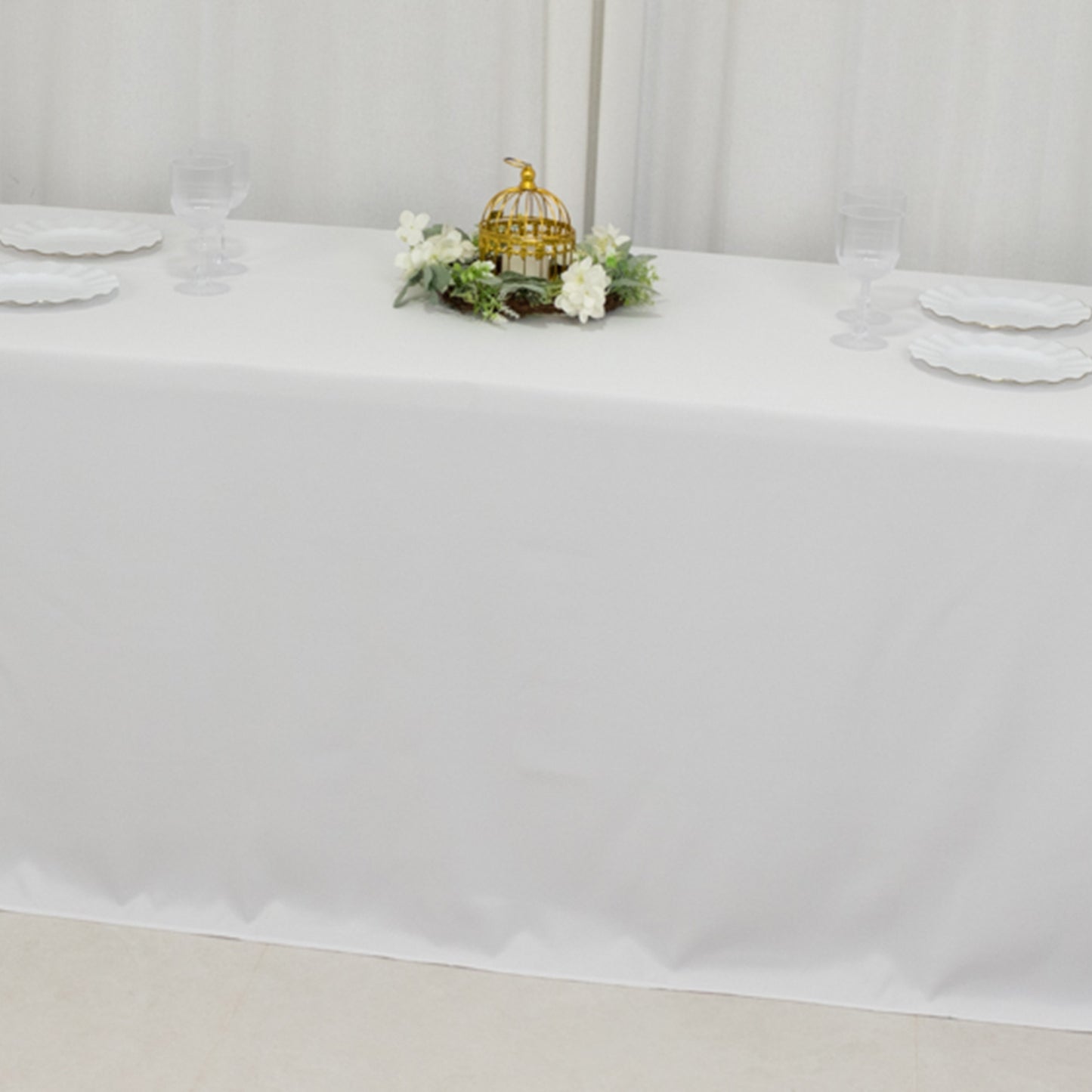 90"x156" Fire Retardant White Tablecloth Seamless Premium Polyester Rectangular Table Cover for 8 Foot Table With Floor-Length Drop