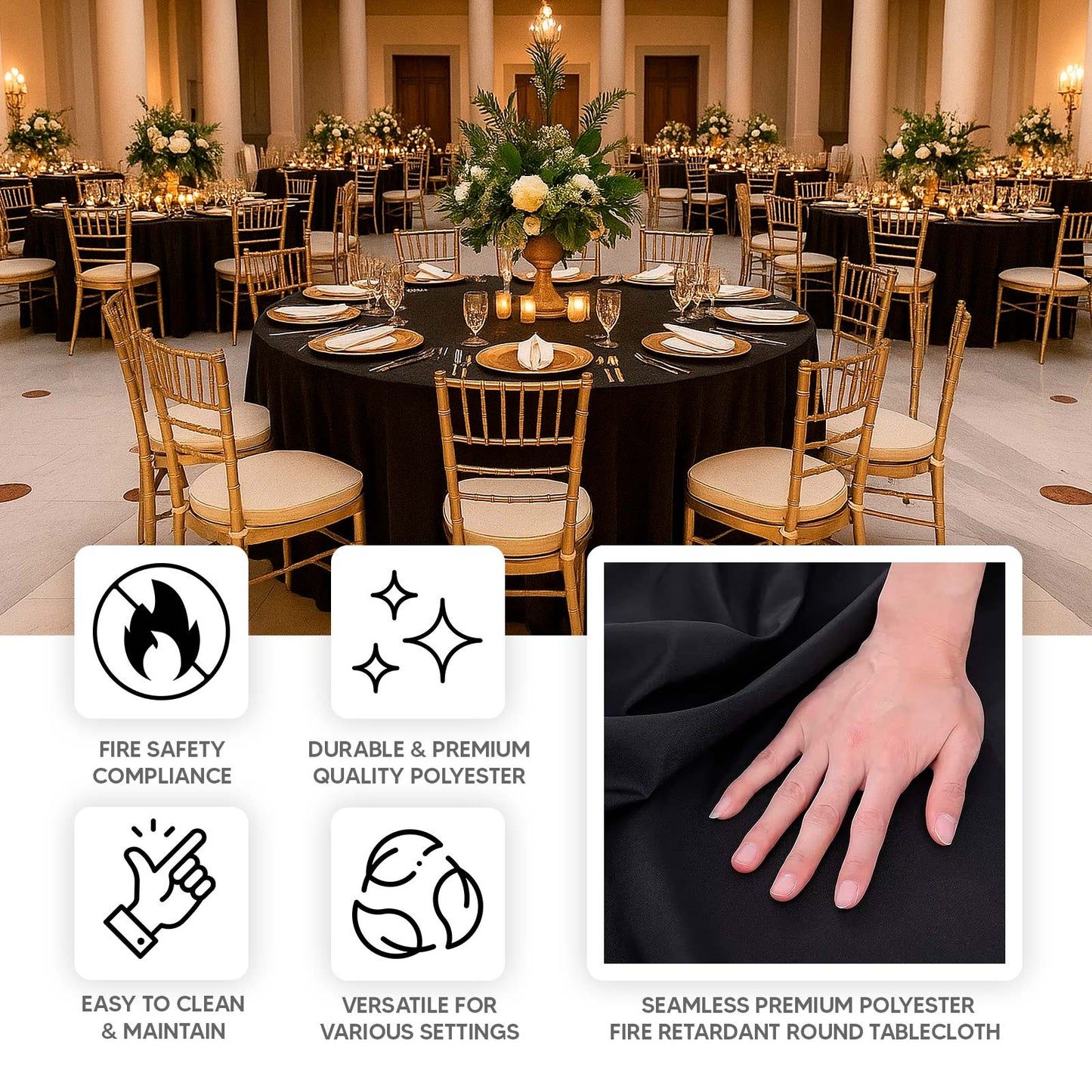 132" Fire Retardant Black Tablecloth Seamless Premium Polyester Round Table Cover for 6 Foot Tables With Floor-Length Drop