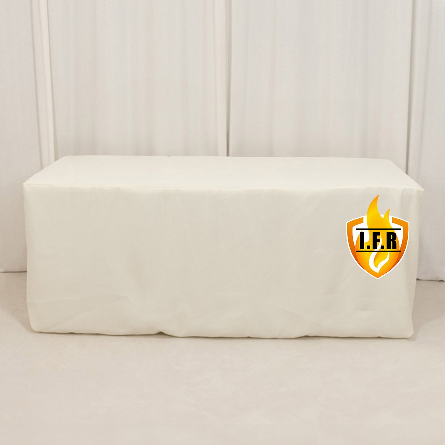 6ft fire retardant ivory fitted tablecloth for rectangular tables.