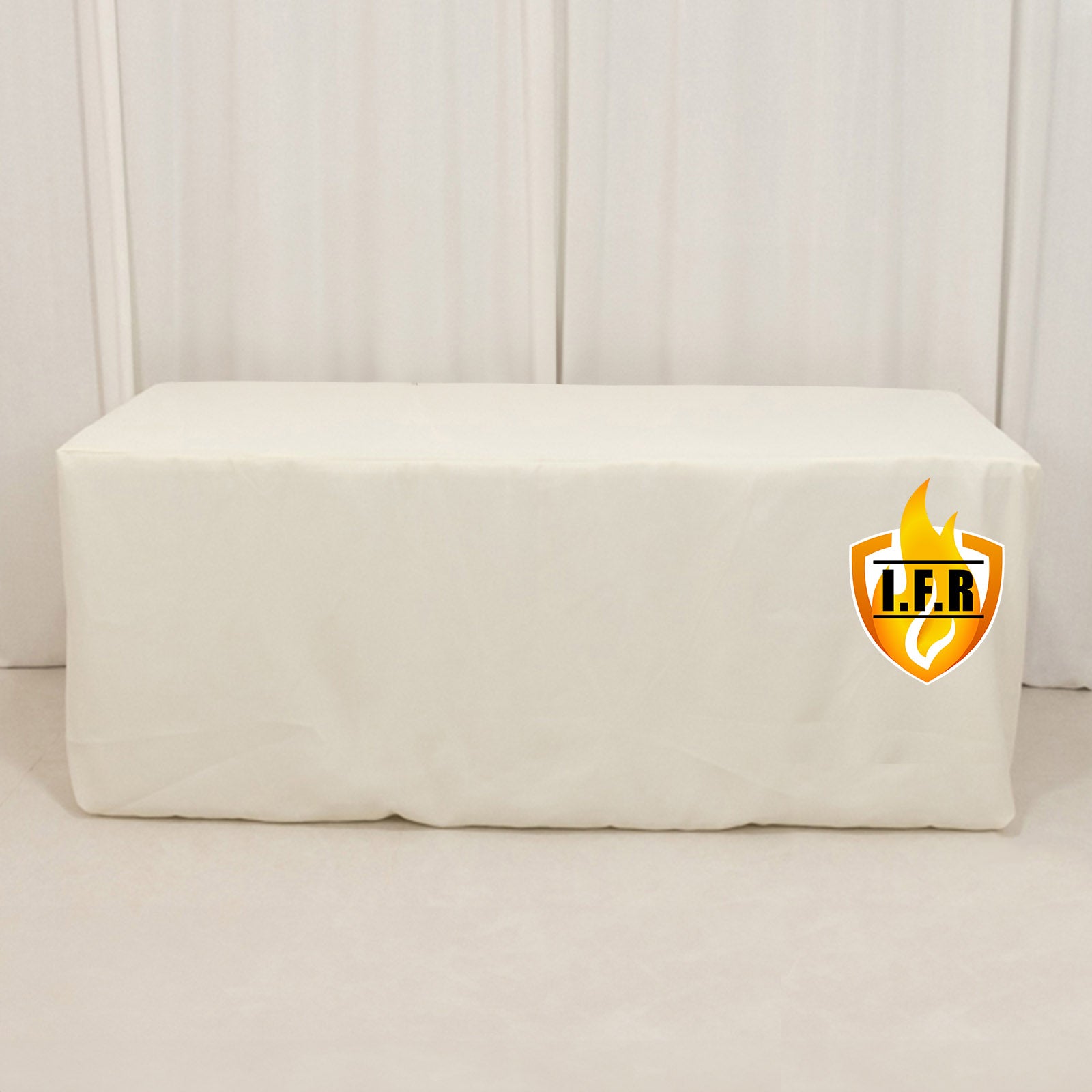 6ft fire retardant ivory fitted tablecloth for rectangular tables.