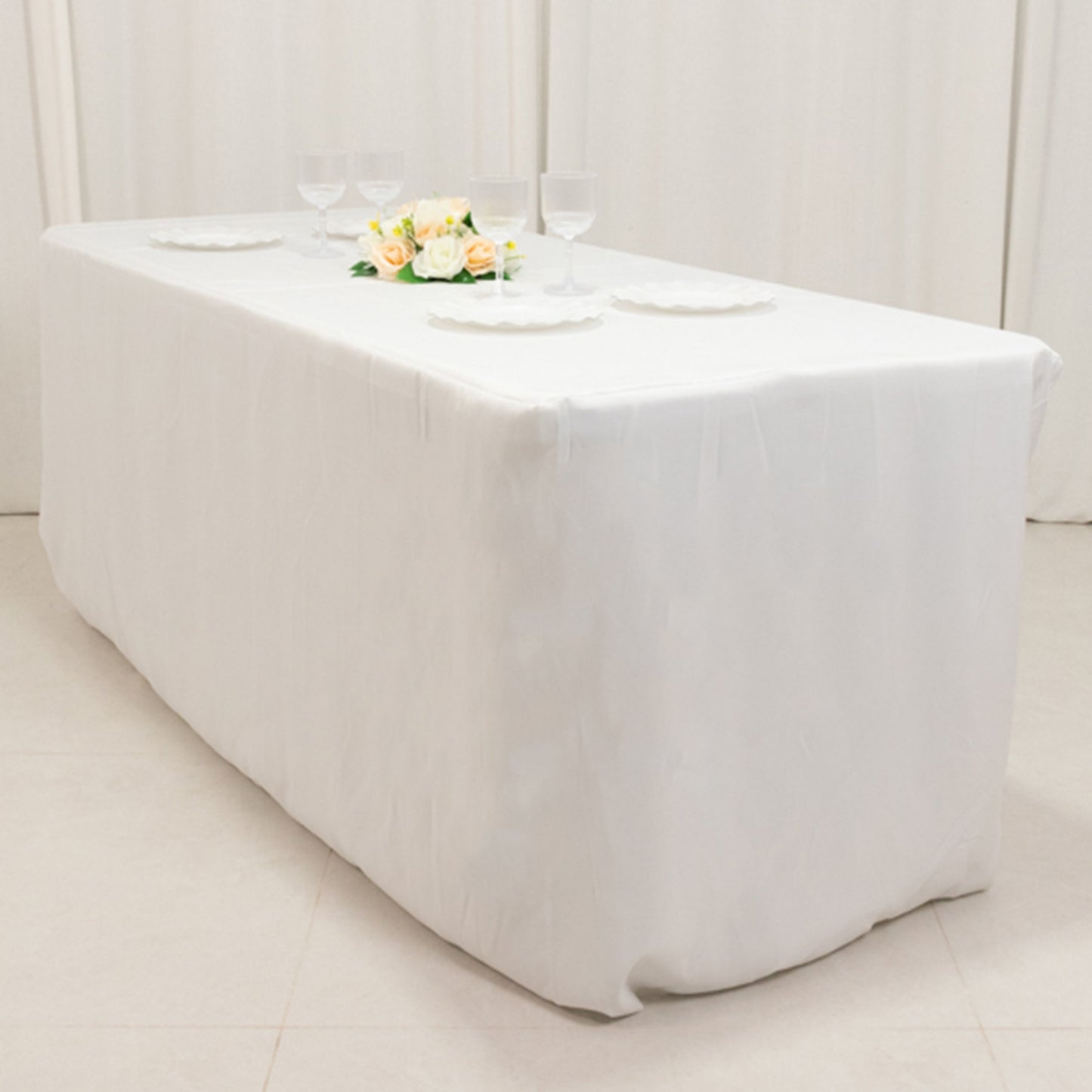 6ft white fitted tablecloth for 72"x30" tables, premium polyester cover.