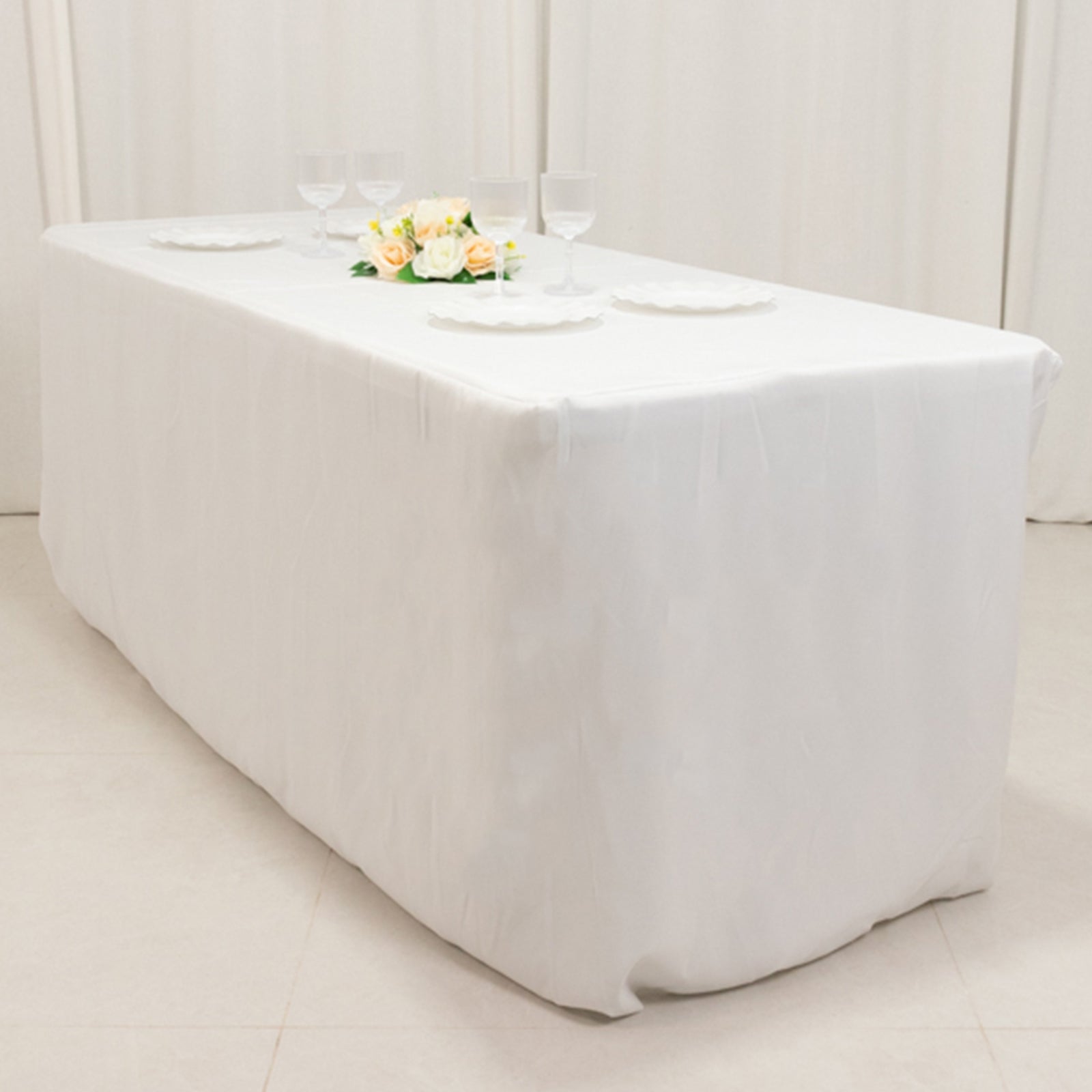 6ft white fitted tablecloth for 72"x30" tables, premium polyester cover.
