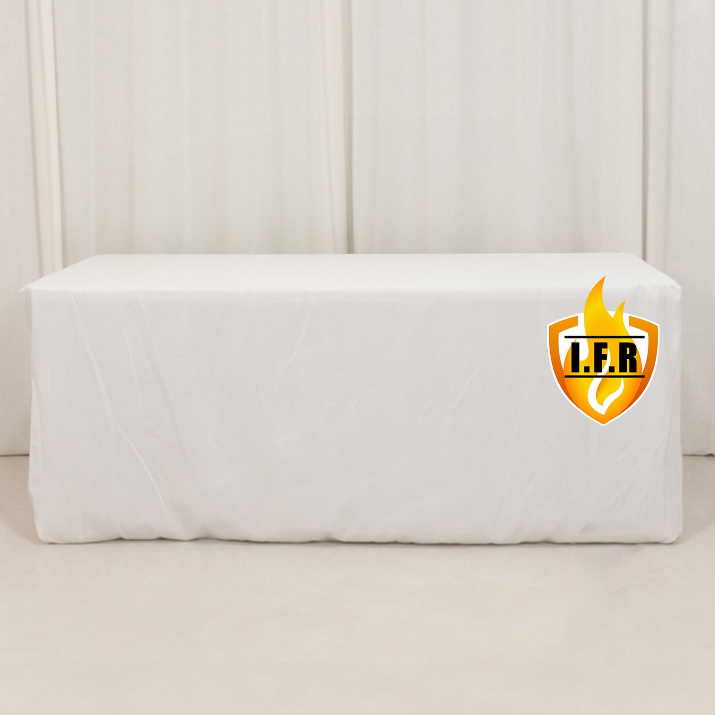 6ft fire retardant white fitted tablecloth for rectangular tables.