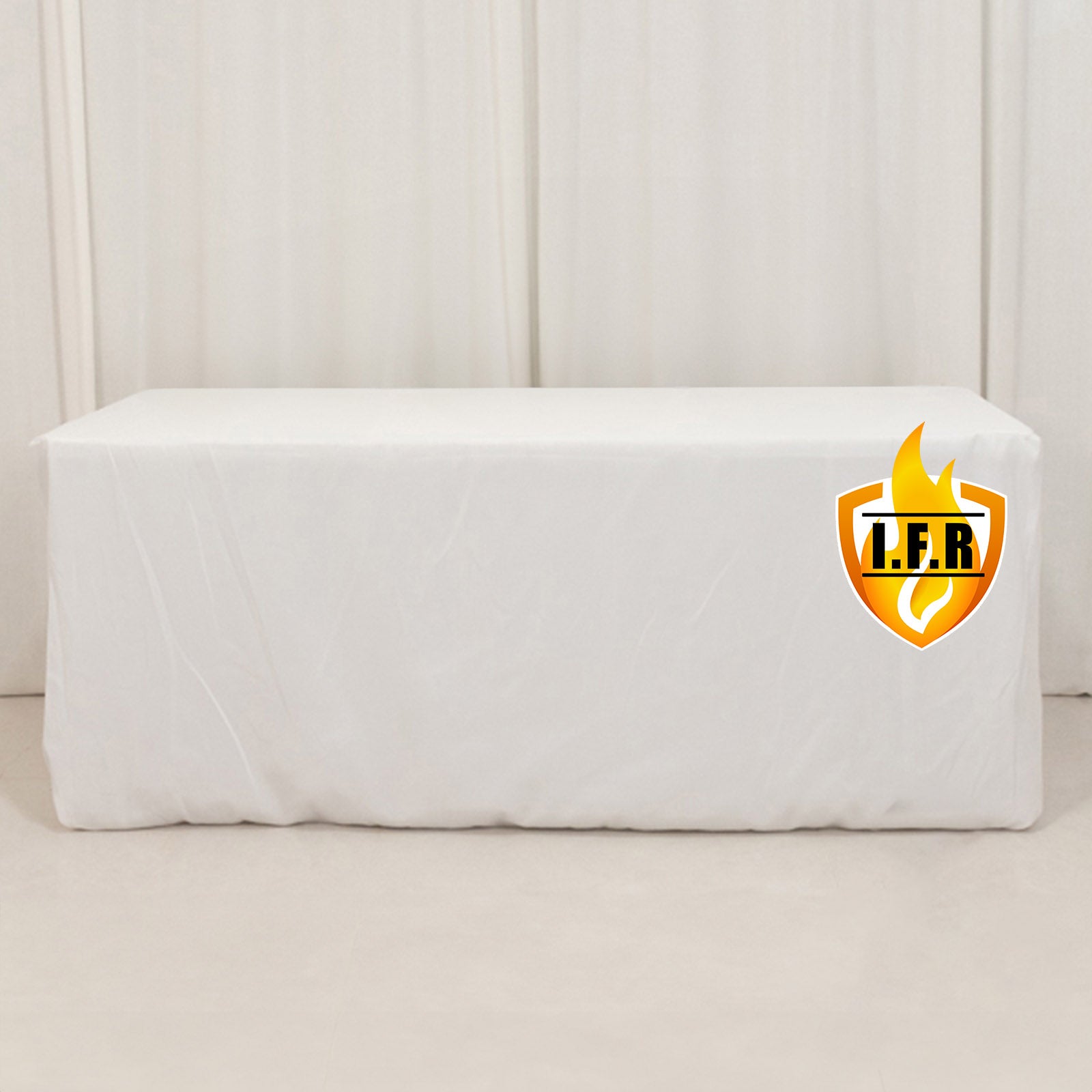 6ft fire retardant white fitted tablecloth for rectangular tables.
