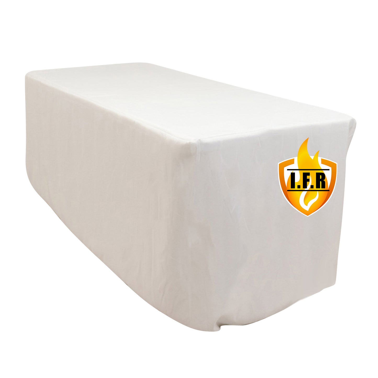 6ft fire retardant white fitted tablecloth for rectangular tables.