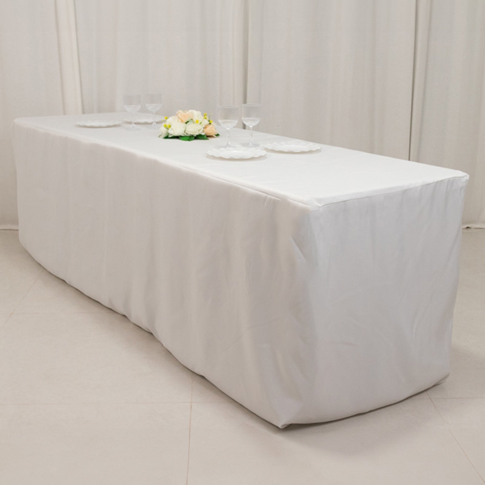 8ft white fitted tablecloth for rectangular tables, premium polyester cover.