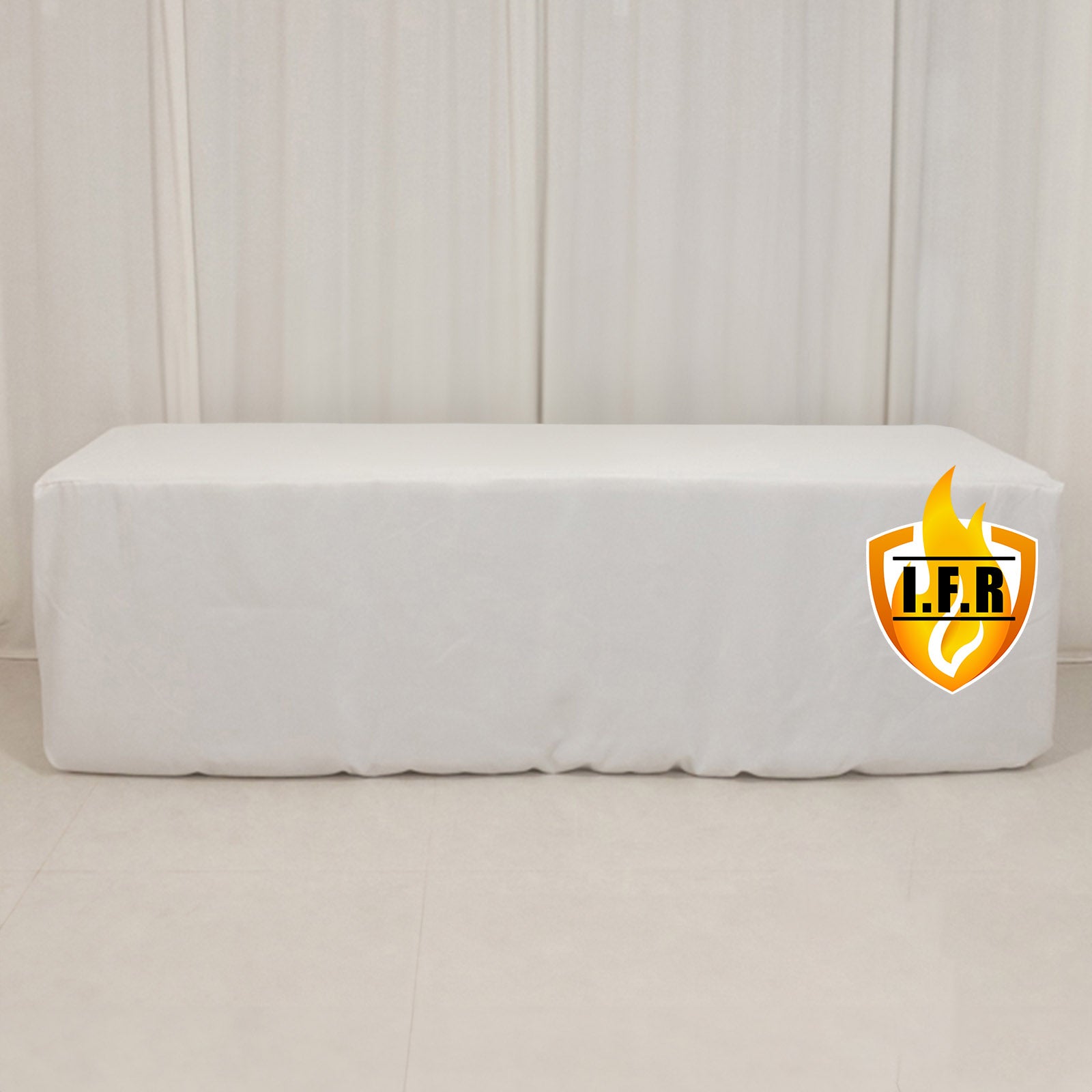 White fire retardant fitted tablecloth for 96"x30" tables.