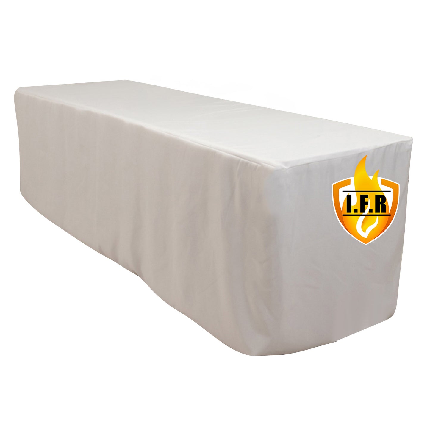 8ft white fire retardant fitted tablecloth for rectangular tables.