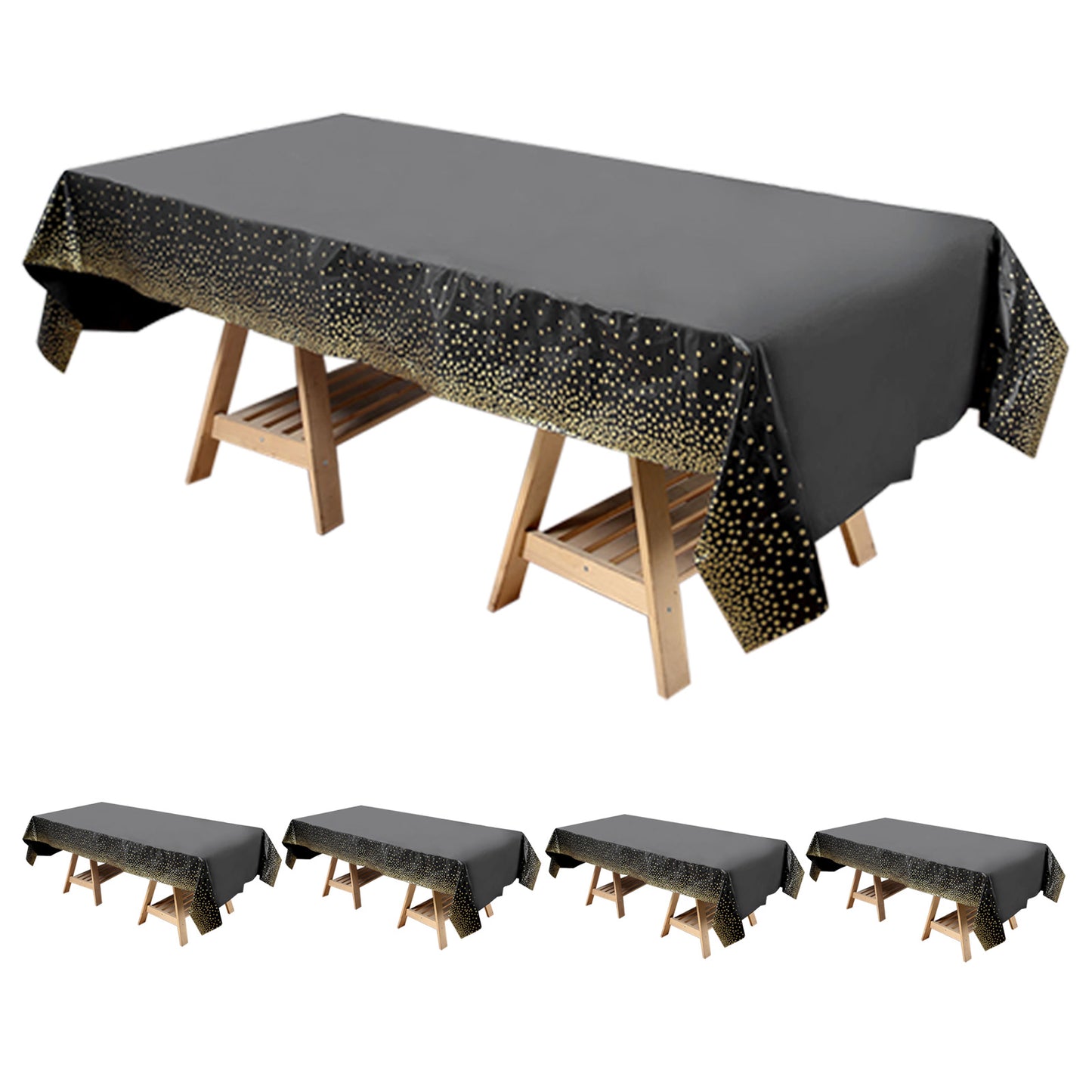 5 Pack Black Rectangle Plastic Table Covers with Gold Confetti Dots, 54"x108" PVC Waterproof Disposable Tablecloths