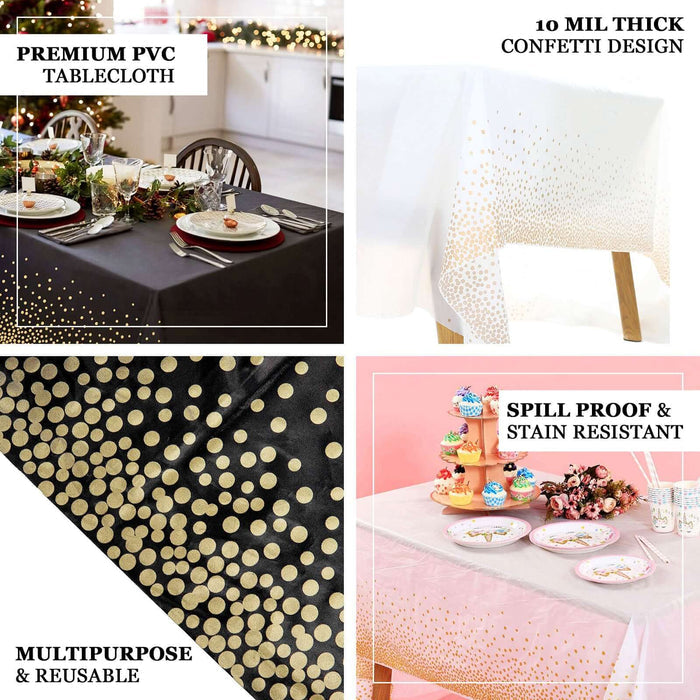 5 Pack Black Rectangle Plastic Table Covers with Gold Confetti Dots, 54"x108" PVC Waterproof Disposable Tablecloths