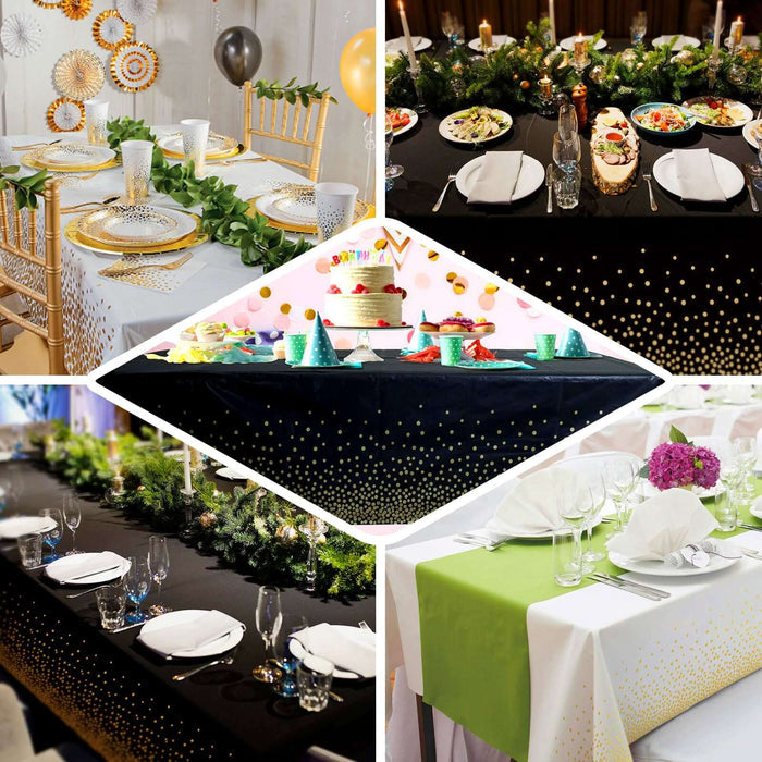 5 Pack Black Rectangle Plastic Table Covers with Gold Confetti Dots, 54"x108" PVC Waterproof Disposable Tablecloths