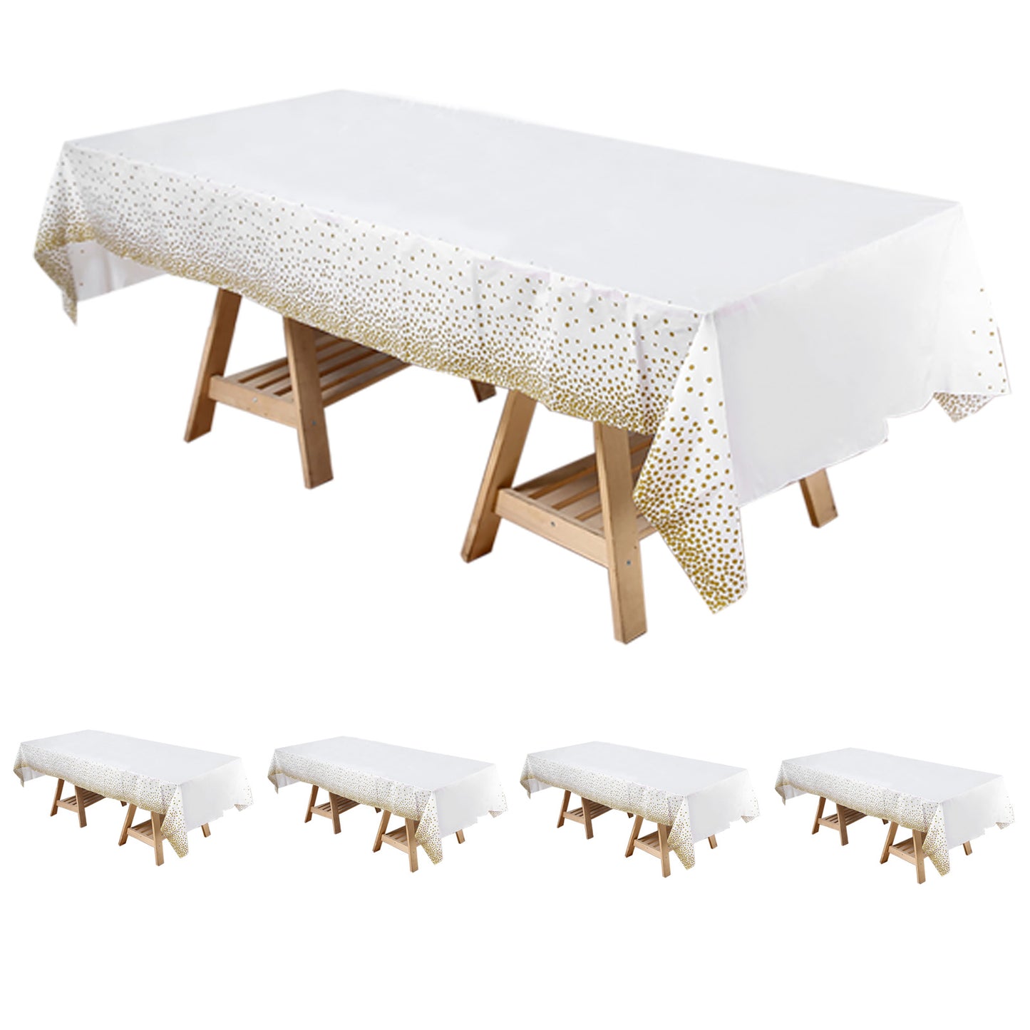 5 Pack White Rectangle Plastic Table Covers with Gold Confetti Dots, 54"x108" PVC Waterproof Disposable Tablecloths