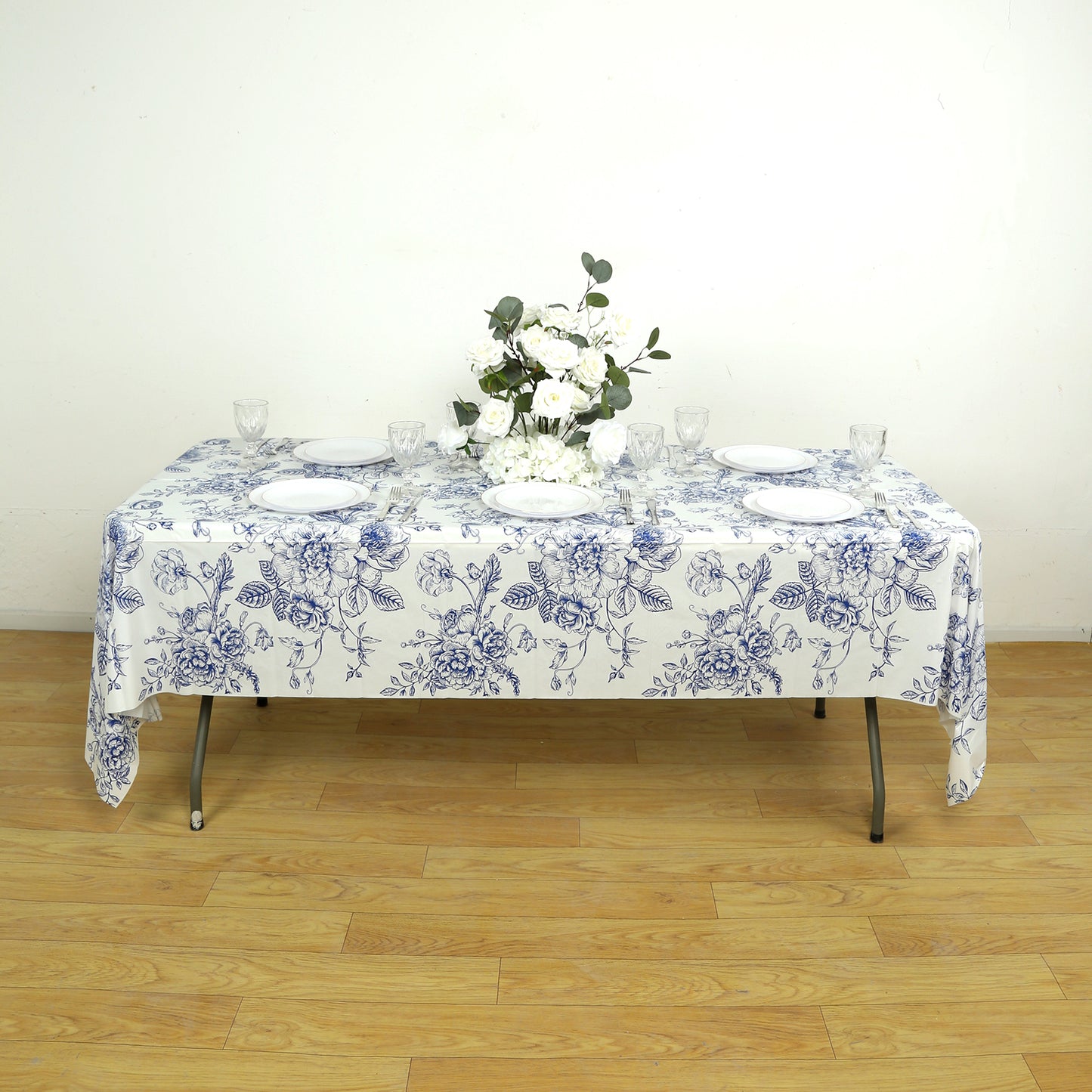 5-Pack Rectangular Plastic Tablecloths – White with Blue French Toile Pattern, PVC Waterproof Disposable Table Covers 54"x108"
