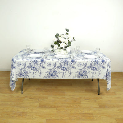 French Toile Plastic Table Covers with Timeless Blue Floral Pattern