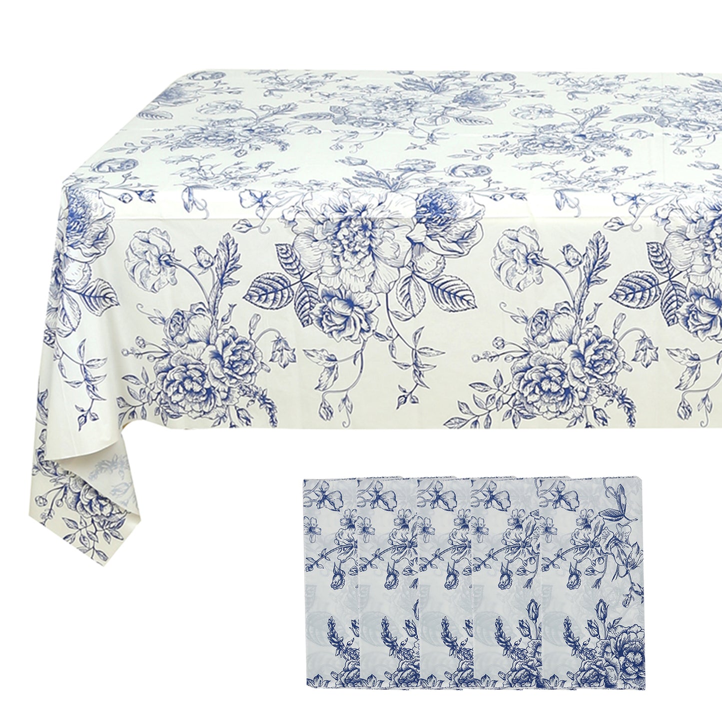 5-Pack Rectangular Plastic Tablecloths – White with Blue French Toile Pattern, PVC Waterproof Disposable Table Covers 54"x108"
