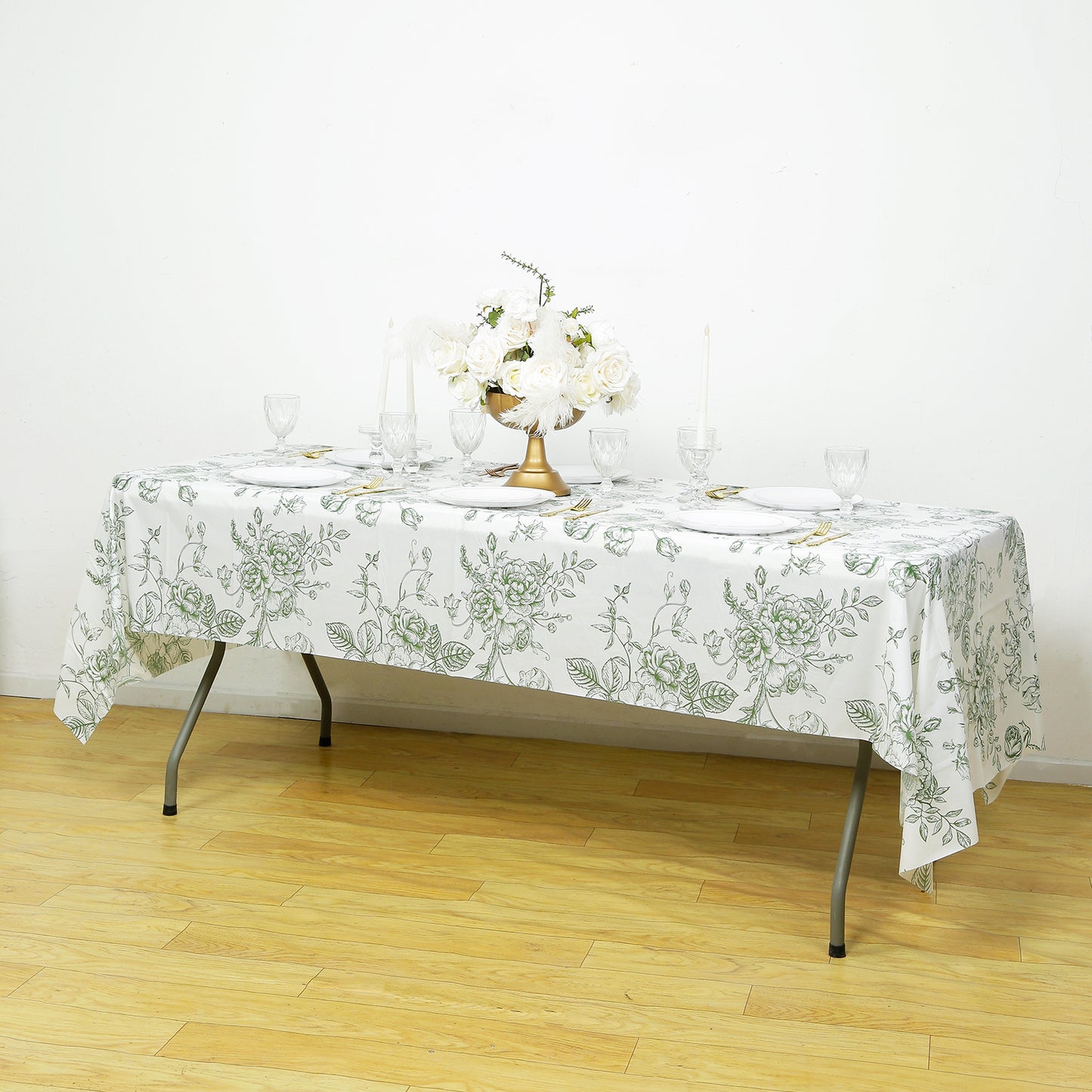 5-Pack Rectangular Plastic Tablecloths – White with Sage Green French Toile Pattern, PVC Waterproof Disposable Table Covers 54"x108"