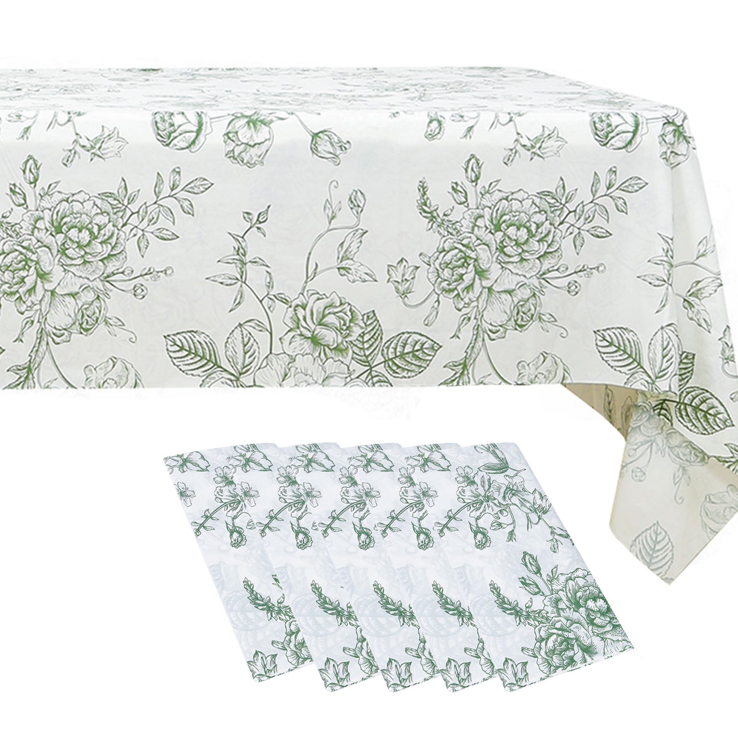 5-Pack Rectangular Plastic Tablecloths – White with Sage Green French Toile Pattern, PVC Waterproof Disposable Table Covers 54"x108"