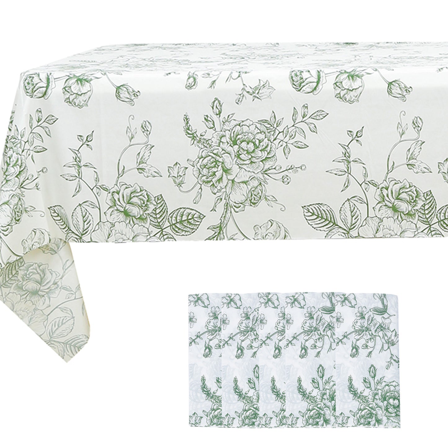 5-Pack Rectangular Plastic Tablecloths – White with Sage Green French Toile Pattern, PVC Waterproof Disposable Table Covers 54"x108"