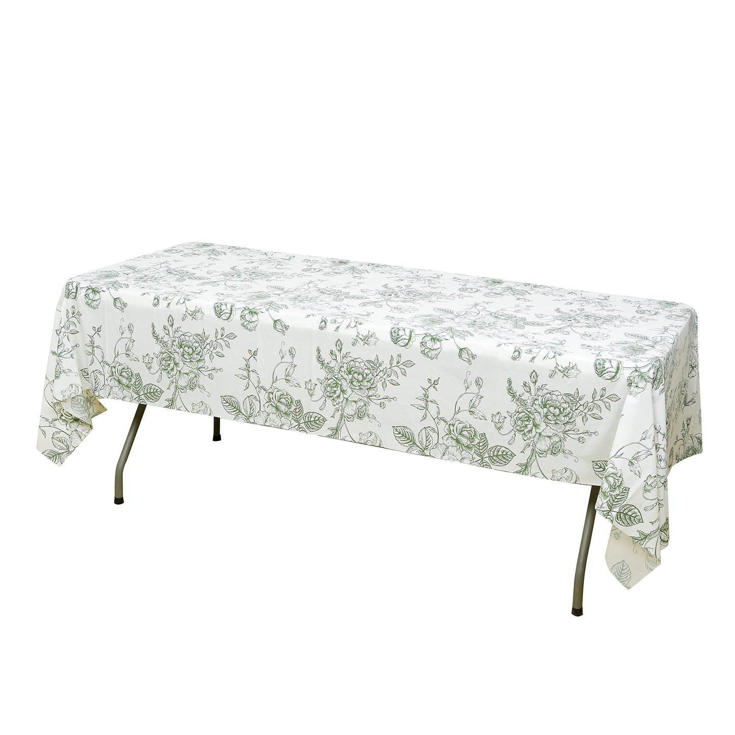 5-Pack Rectangular Plastic Tablecloths – White with Sage Green French Toile Pattern, PVC Waterproof Disposable Table Covers 54"x108"