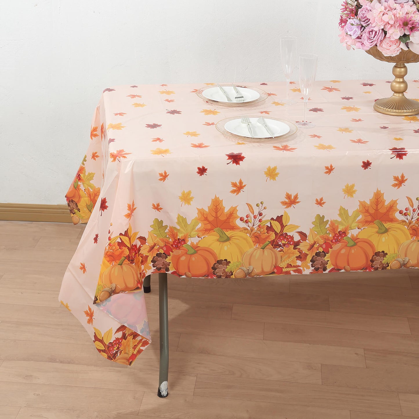 5 Pack Orange Thanksgiving Rectangle Plastic Table Covers, PVC Waterproof Disposable Tablecloths with Fall Maple Leaves Pumpkin Print - 54"x108"