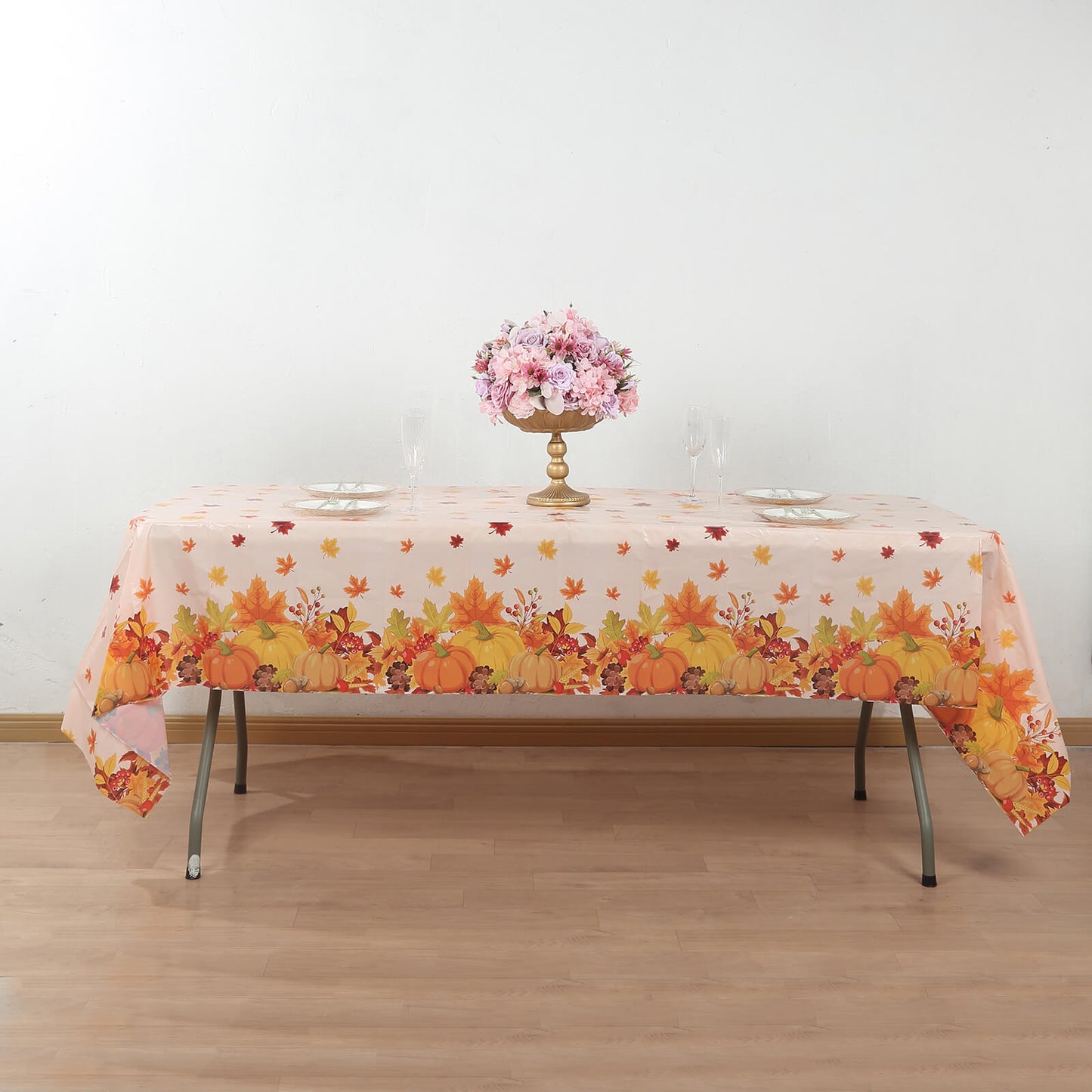 5 Pack Orange Thanksgiving Rectangle Plastic Table Covers, PVC Waterproof Disposable Tablecloths with Fall Maple Leaves Pumpkin Print - 54"x108"