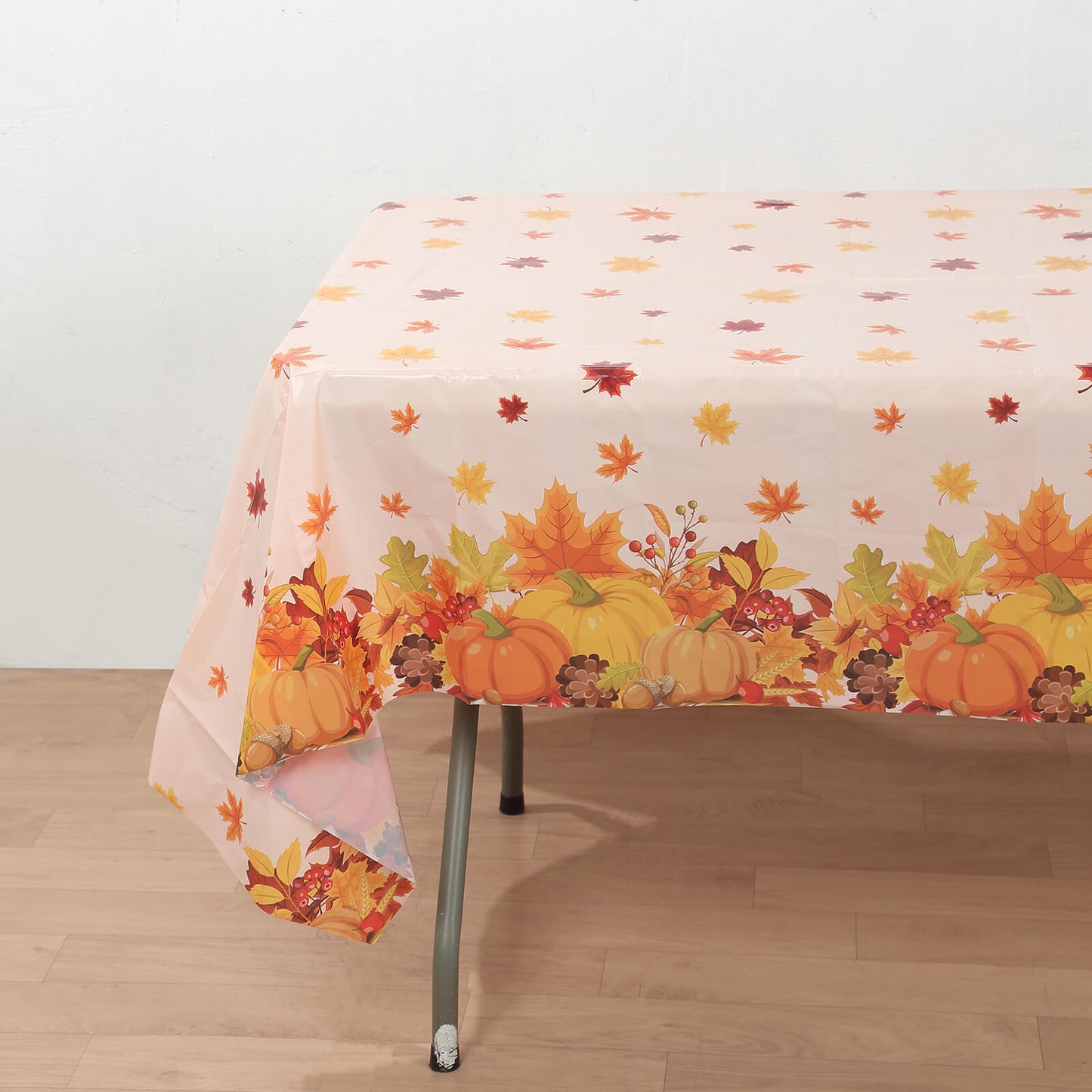 5 Pack Orange Thanksgiving Rectangle Plastic Table Covers, PVC Waterproof Disposable Tablecloths with Fall Maple Leaves Pumpkin Print - 54"x108"