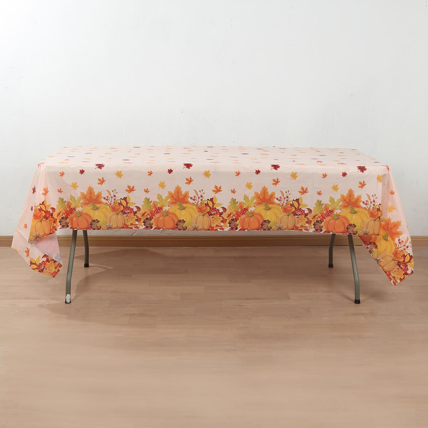 5 Pack Orange Thanksgiving Rectangle Plastic Table Covers, PVC Waterproof Disposable Tablecloths with Fall Maple Leaves Pumpkin Print - 54"x108"