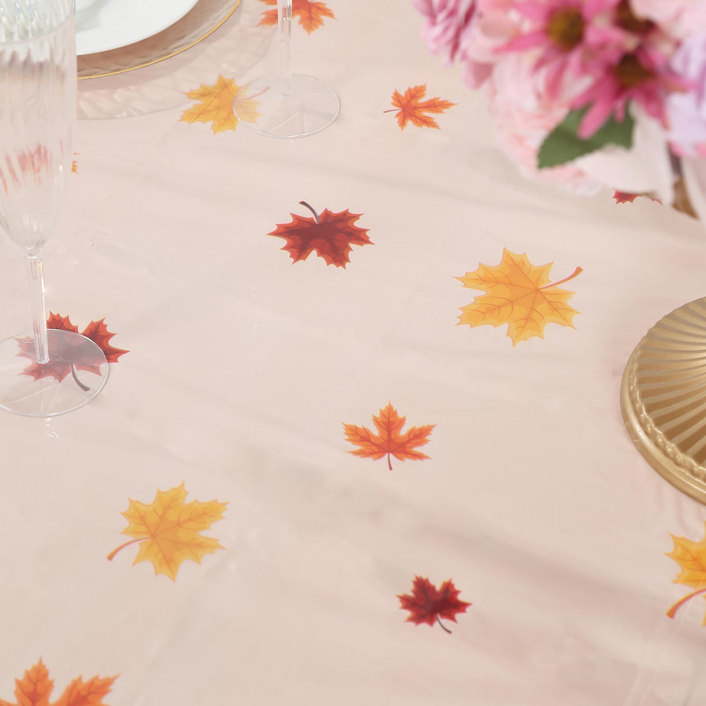 5 Pack Orange Thanksgiving Rectangle Plastic Table Covers, PVC Waterproof Disposable Tablecloths with Fall Maple Leaves Pumpkin Print - 54"x108"