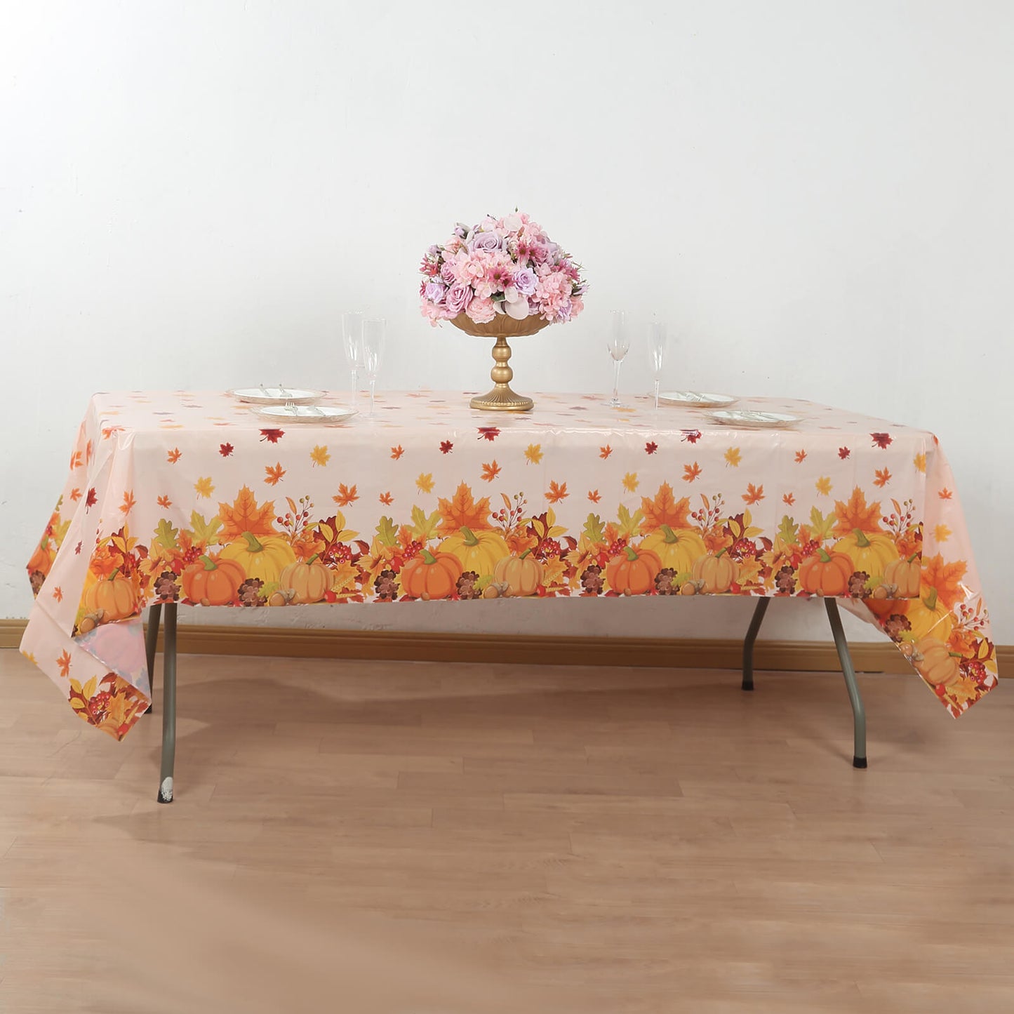 5 Pack Orange Thanksgiving Rectangle Plastic Table Covers, PVC Waterproof Disposable Tablecloths with Fall Maple Leaves Pumpkin Print - 54"x108"