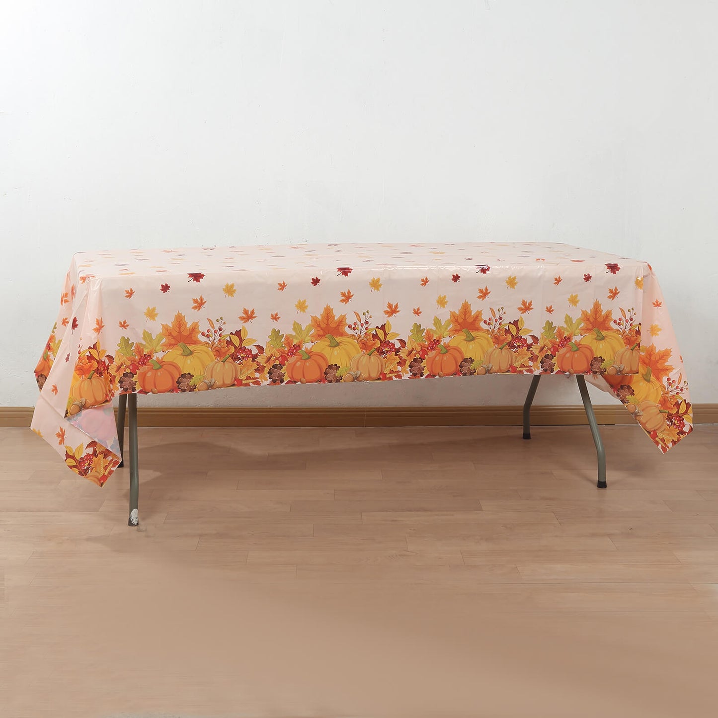 5 Pack Orange Thanksgiving Rectangle Plastic Table Covers, PVC Waterproof Disposable Tablecloths with Fall Maple Leaves Pumpkin Print - 54"x108"