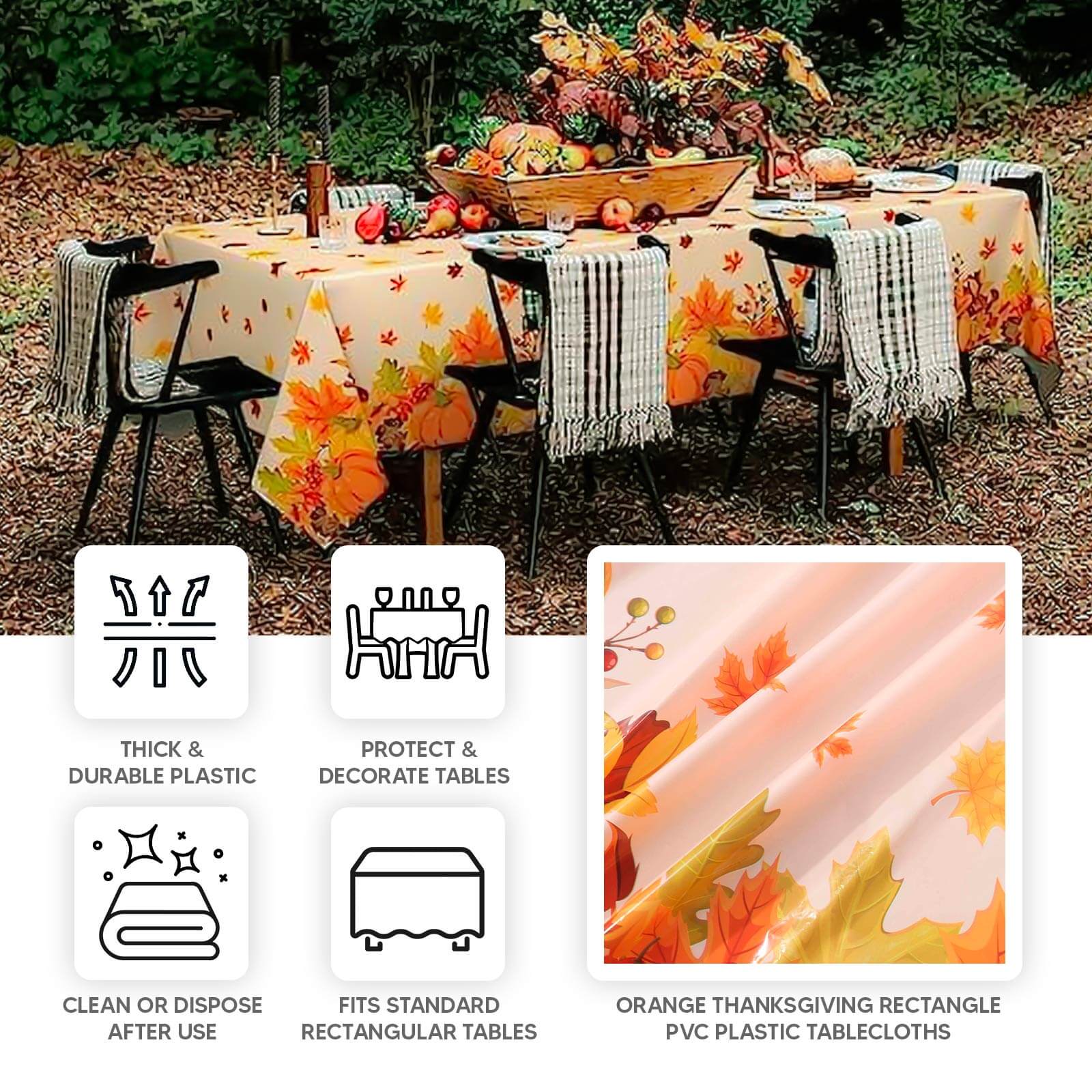 5 Pack Orange Thanksgiving Rectangle Plastic Table Covers, PVC Waterproof Disposable Tablecloths with Fall Maple Leaves Pumpkin Print - 54"x108"