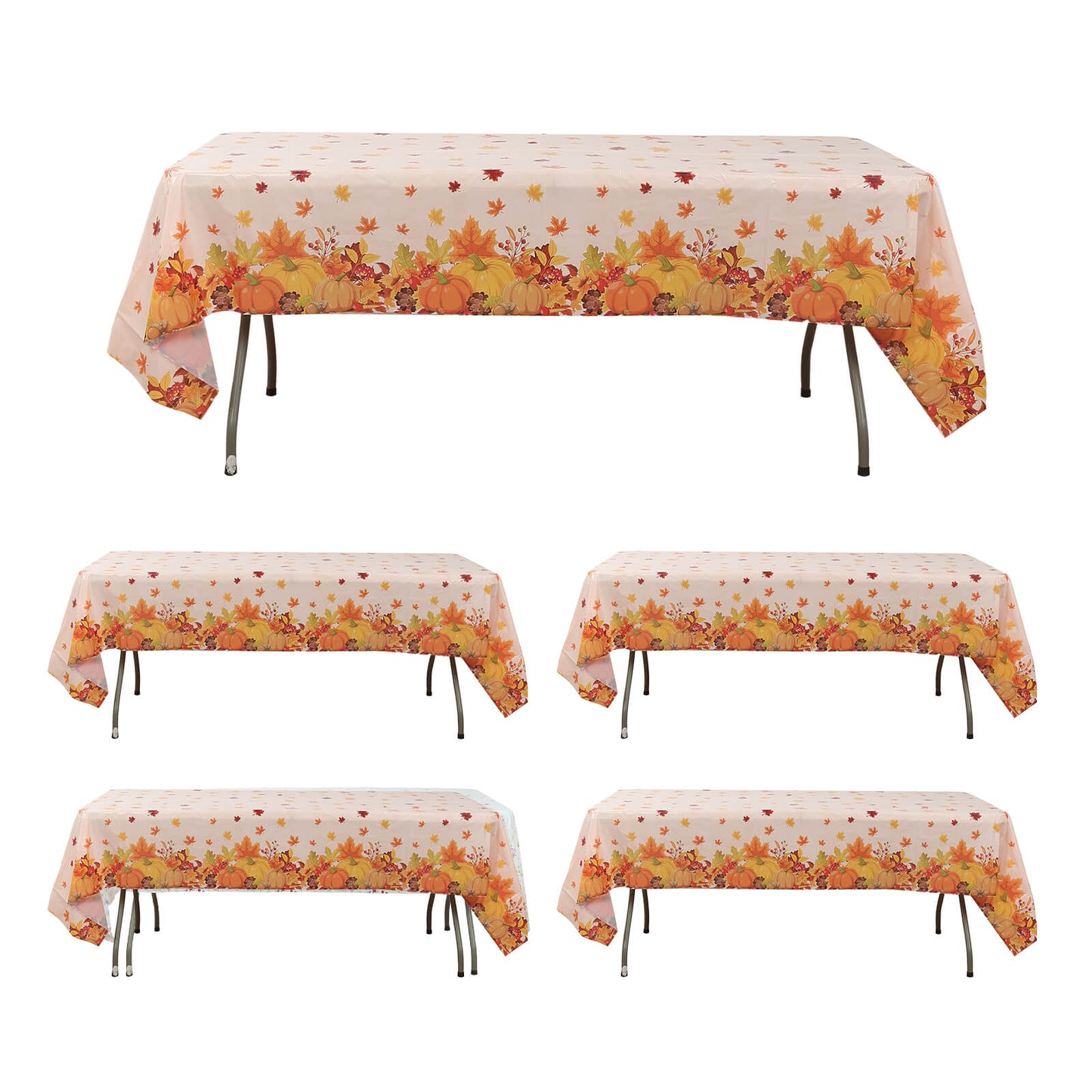 5 Pack Orange Thanksgiving Rectangle Plastic Table Covers, PVC Waterproof Disposable Tablecloths with Fall Maple Leaves Pumpkin Print - 54"x108"