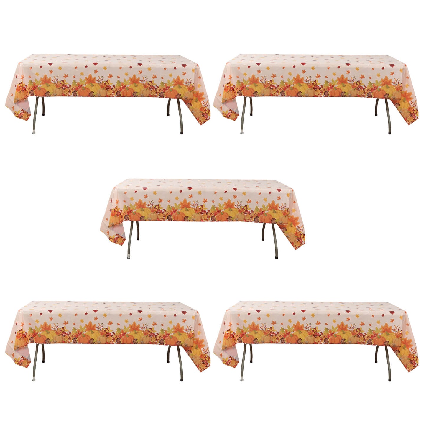 5 Pack Orange Thanksgiving Rectangle Plastic Table Covers, PVC Waterproof Disposable Tablecloths with Fall Maple Leaves Pumpkin Print - 54"x108"