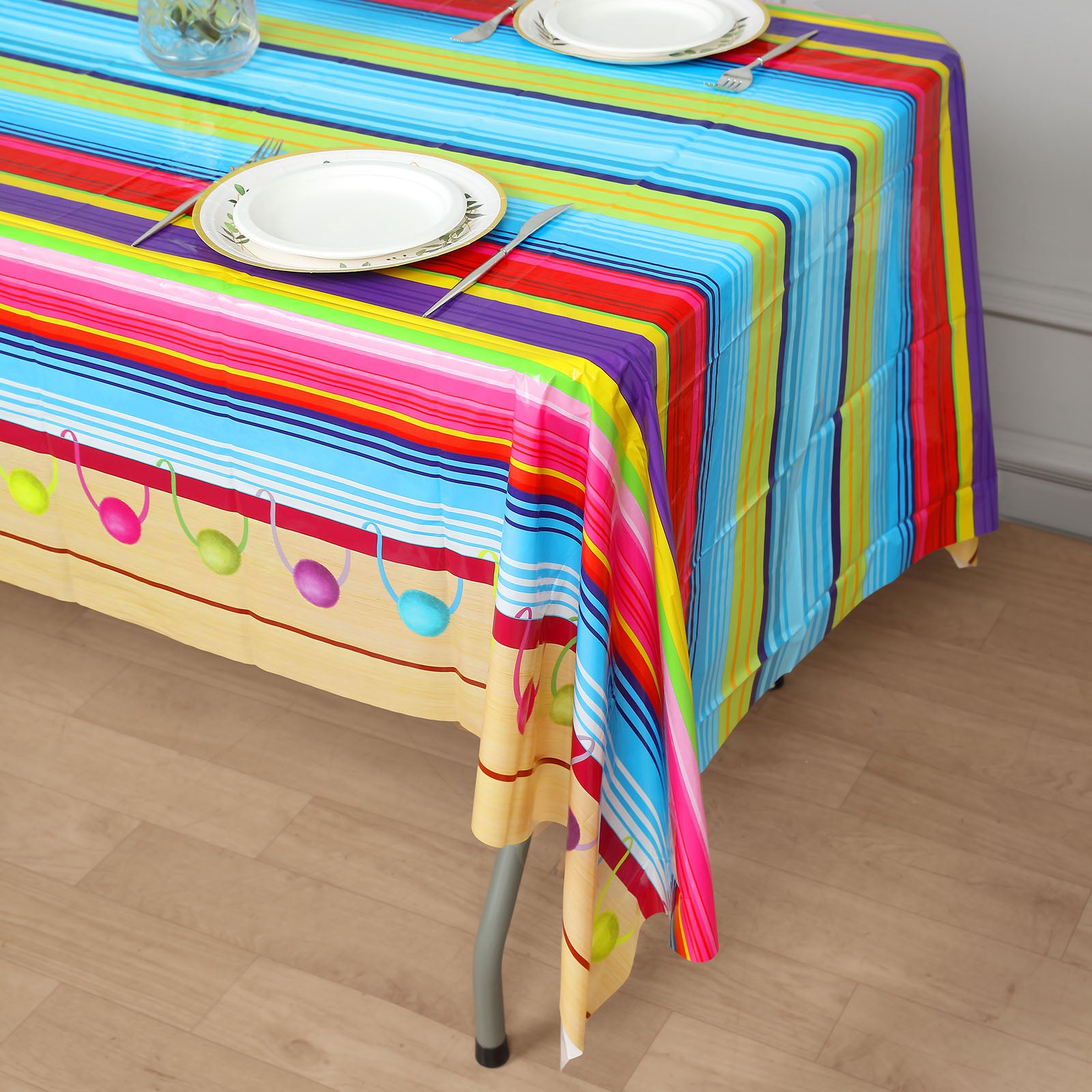 Colorful Mexican serape table cover, 54"x108", perfect for Cinco de Mayo celebrations.