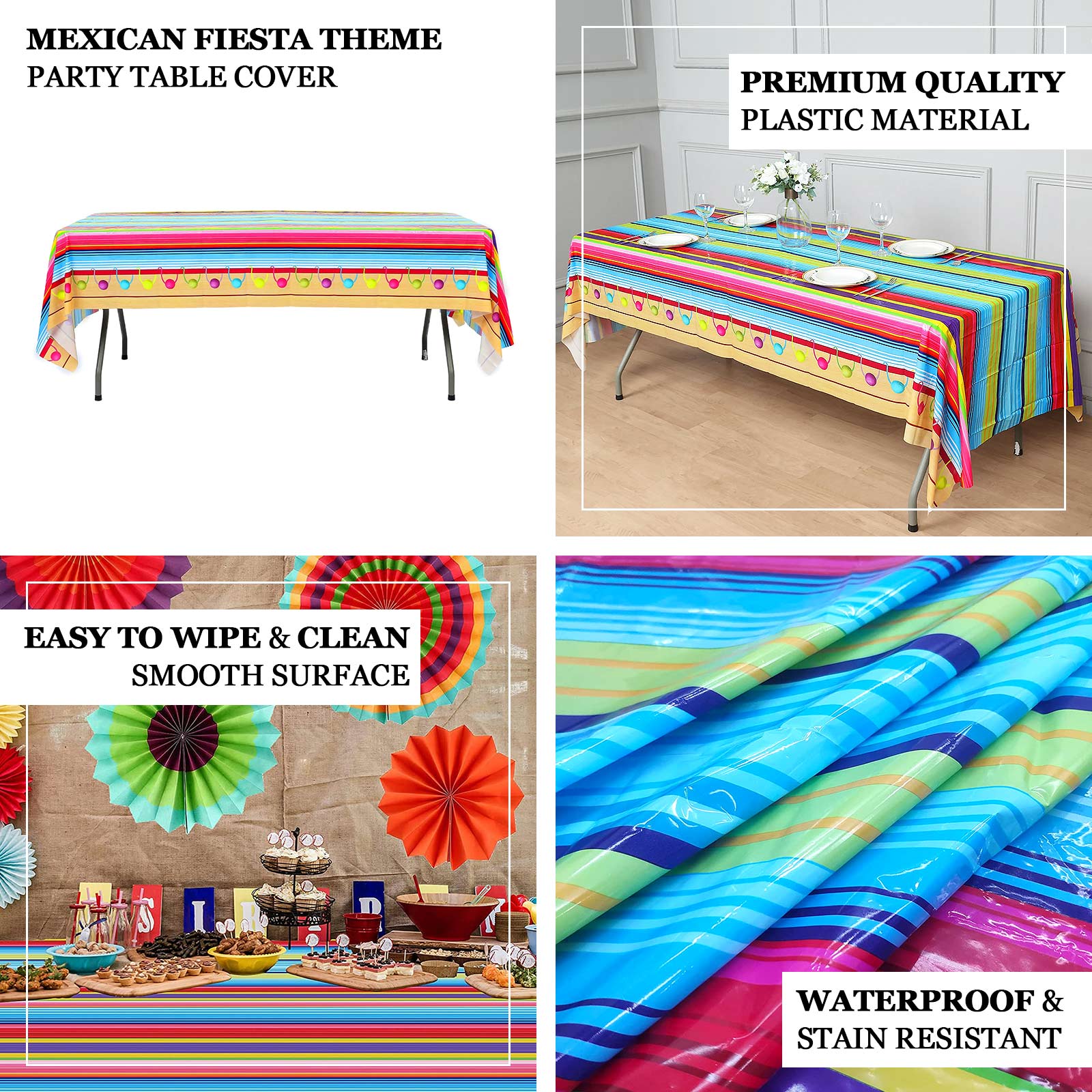 Colorful Mexican serape table covers for Cinco de Mayo celebrations.