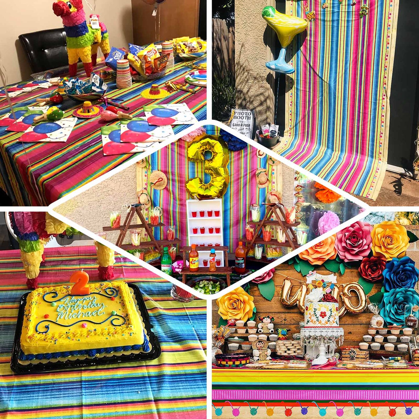 Colorful striped table covers for Cinco de Mayo celebration.