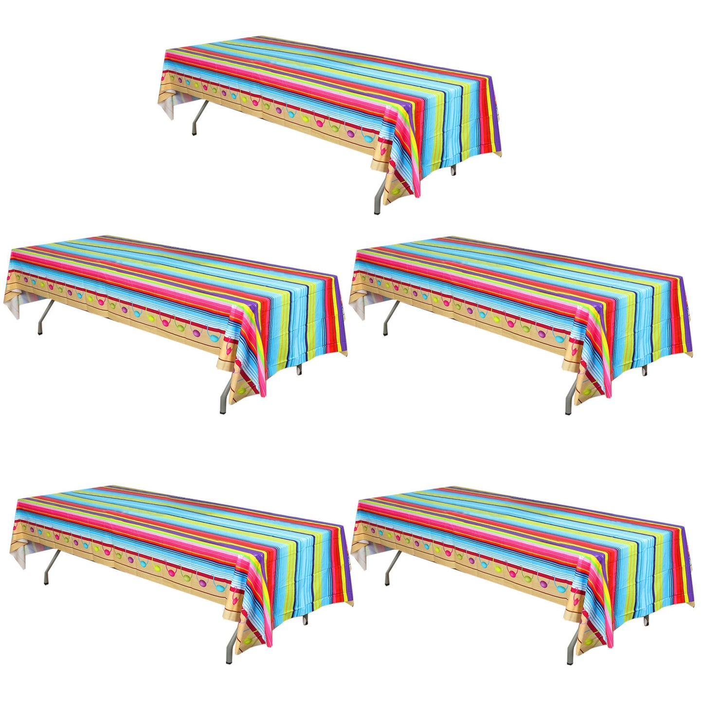 Colorful Mexican serape plastic table covers for Cinco de Mayo celebrations.