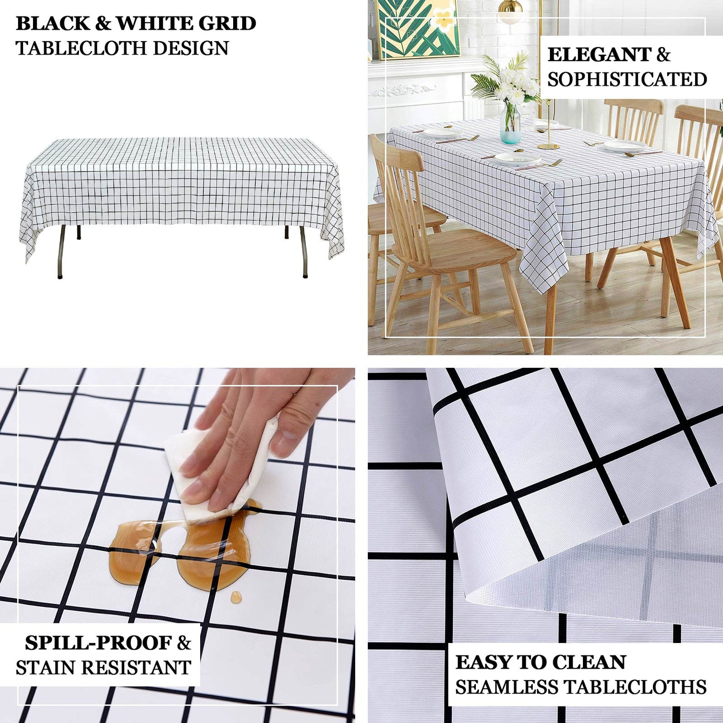 5 Pack Black White Grid Rectangle Plastic Table Covers, 54"x108" Checkered PVC Waterproof Disposable Tablecloths