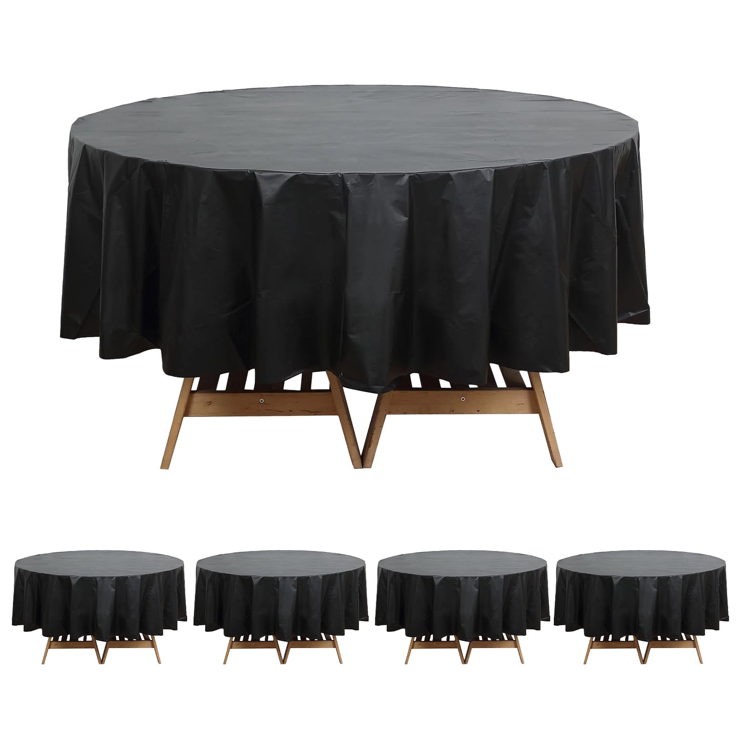 5 Pack Black Round Plastic Table Covers, 84" PVC Waterproof Disposable Tablecloths