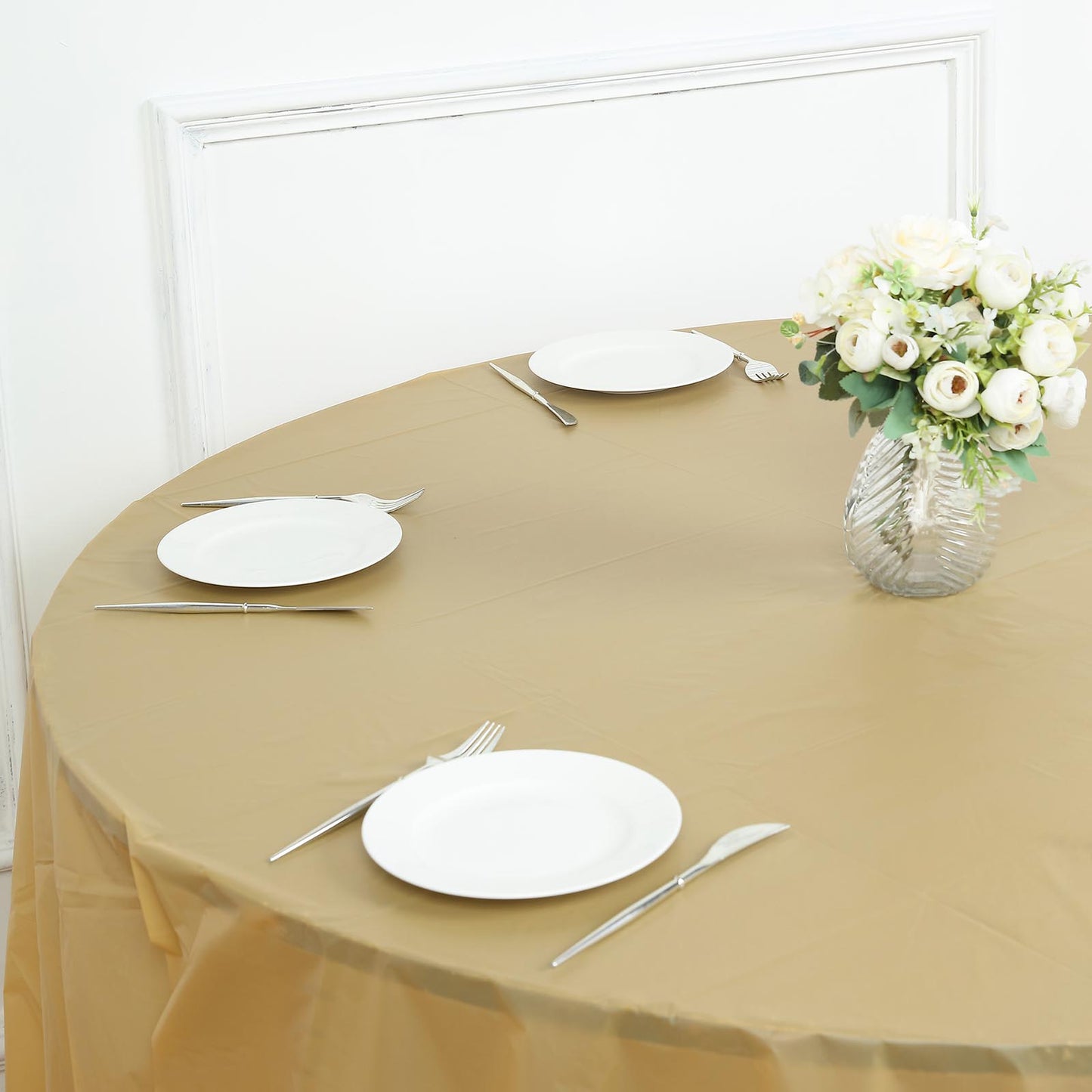 5 Pack Gold Round Plastic Table Covers, 84" PVC Waterproof Disposable Tablecloths