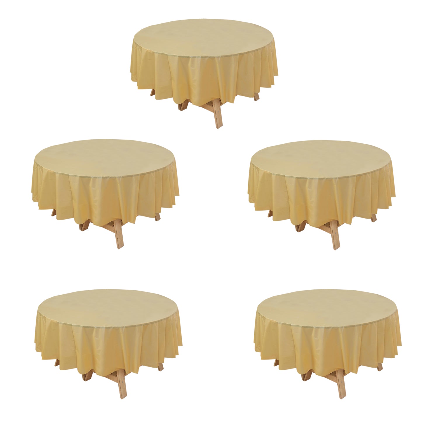 5 Pack Gold Round Plastic Table Covers, 84" PVC Waterproof Disposable Tablecloths