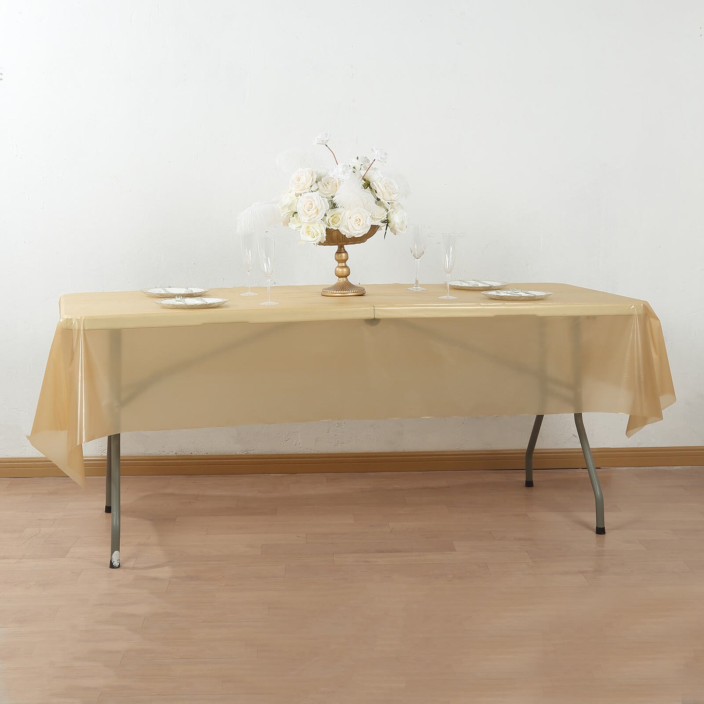 Gold Plastic Tablecloth Roll in A Cut-to-Size Box with Slide Cutter, Cuts Up to 36 Rectangle 8 Feet Disposable Table Covers - 54"x300ft