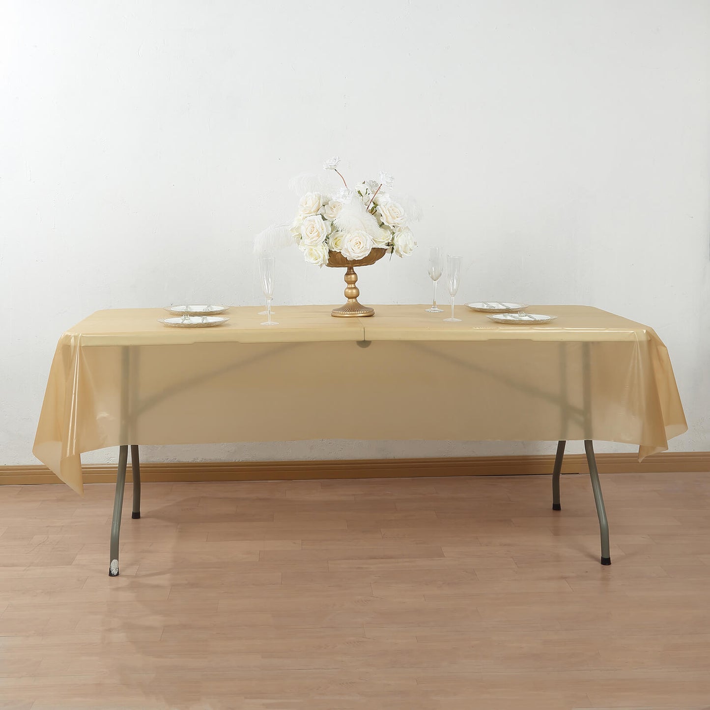Gold Plastic Tablecloth Roll in A Cut-to-Size Box with Slide Cutter, Cuts Up to 36 Rectangle 8 Feet Disposable Table Covers - 54"x300ft