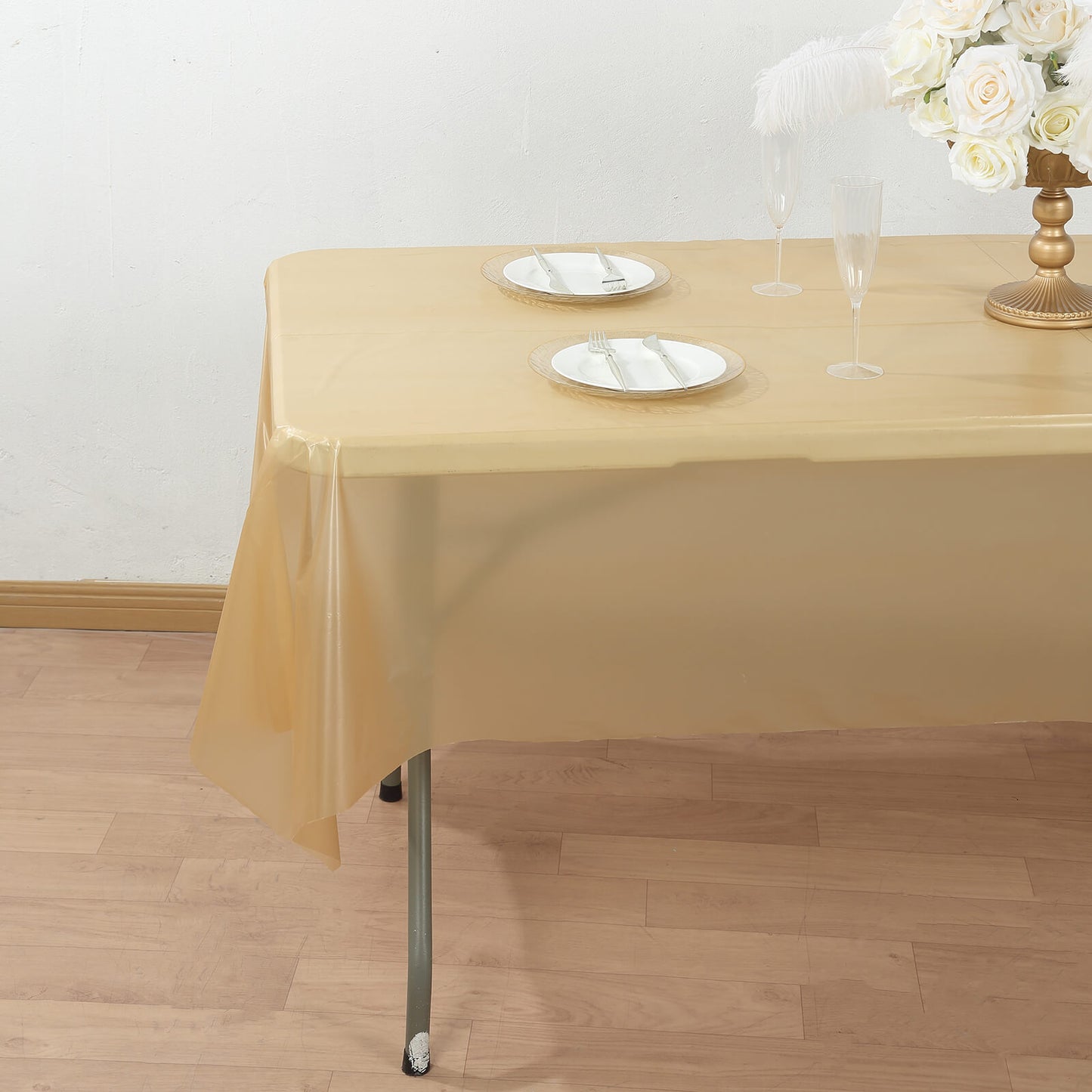 Gold Plastic Tablecloth Roll in A Cut-to-Size Box with Slide Cutter, Cuts Up to 36 Rectangle 8 Feet Disposable Table Covers - 54"x300ft