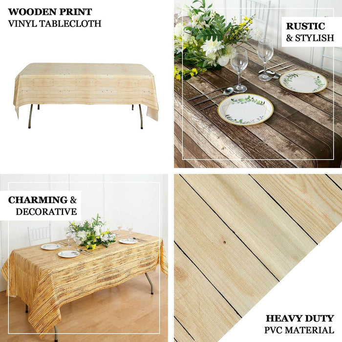 Natural Rectangle Plastic Table Cover in Rustic Wooden Print, 52"x108" PVC Waterproof Disposable Tablecloth